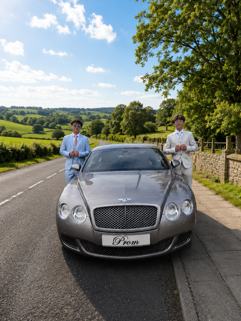 Two young men in suits standing beside a Bentley Continental GT, marked for prom on a countryside road with lush rolling green hills and trees under a partly cloudy blue sky.
