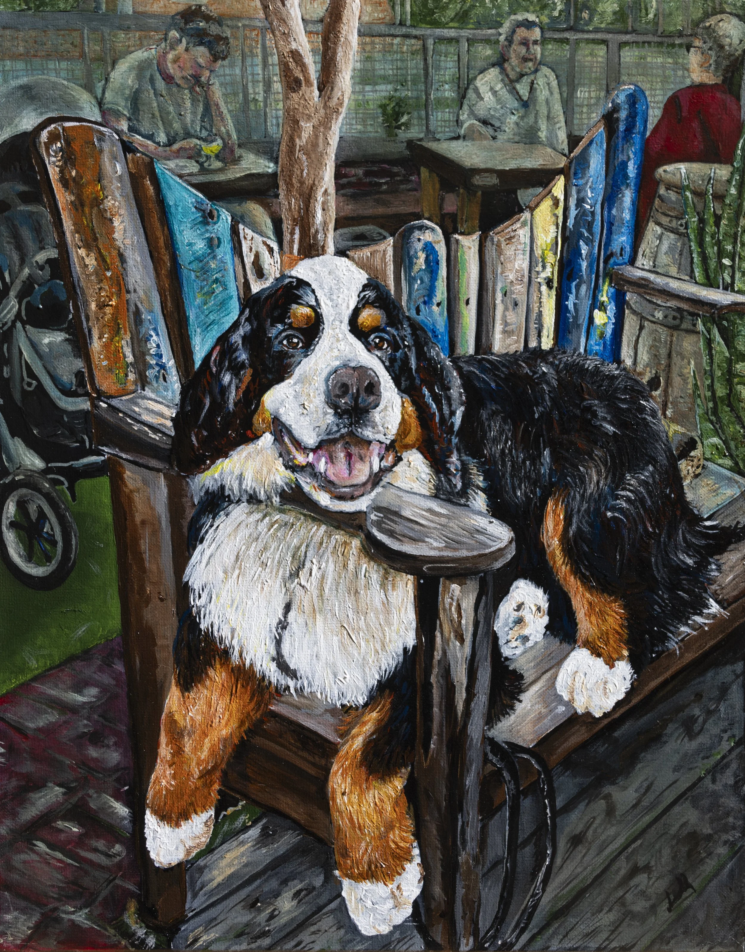 A painting of a Bernese Mountain Dog with black, white, and brown fur, sitting on a bench at The Seasonal Brewing Company with three people seated at tables in the background. The background includes a fence, trees, and plants. Artist Elsa Norvill