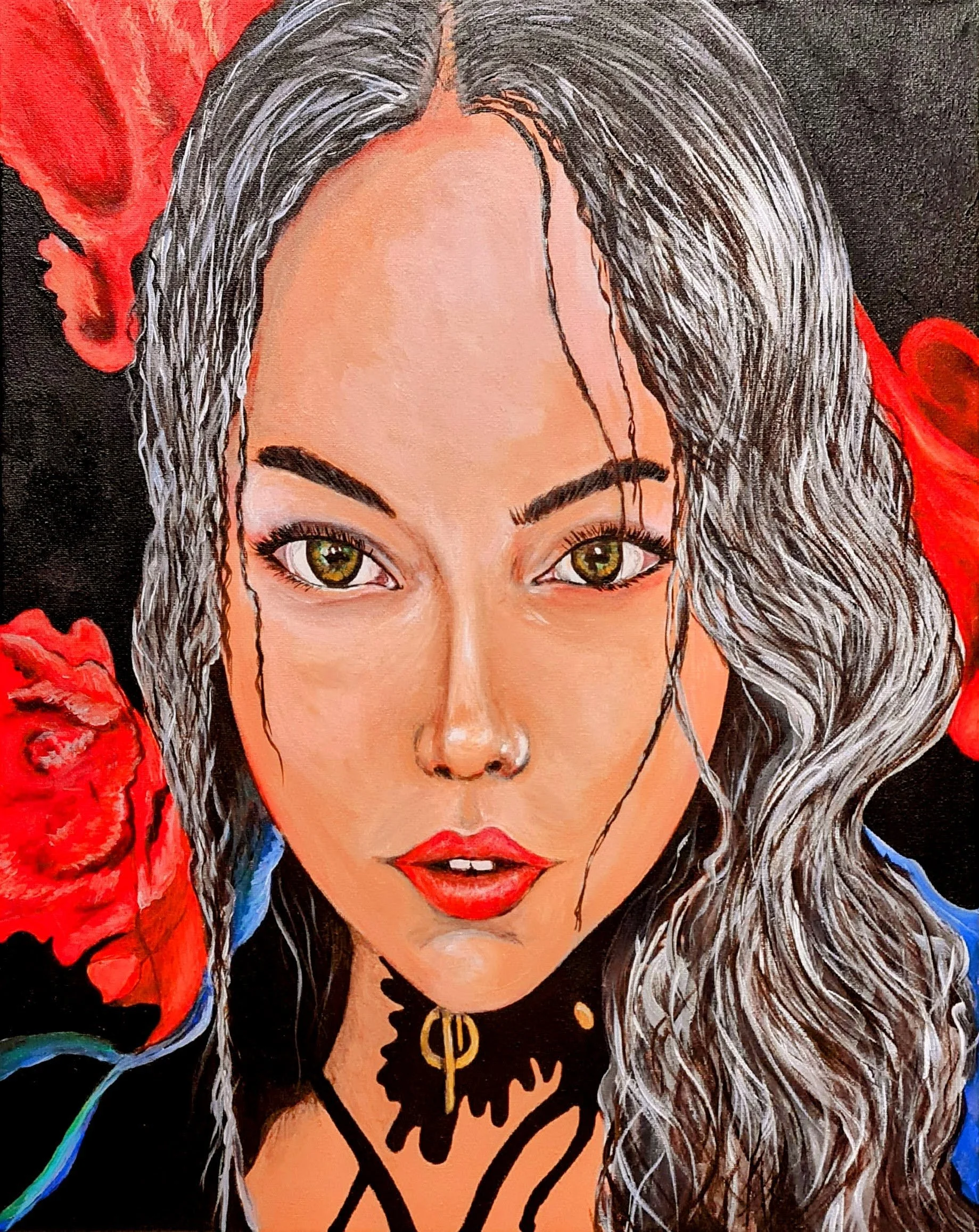A close-up painting of a woman with long, wavy hair, piercing green eyes, bold red lips, surrounded by red flowers. Artist Elsa Norvill