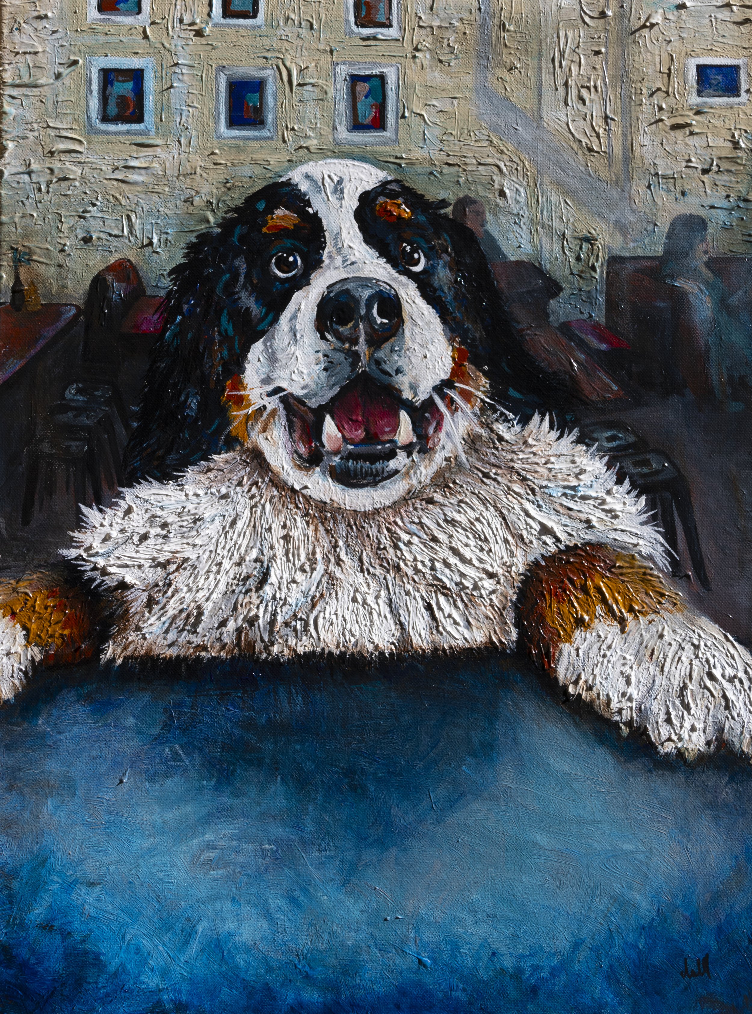 A painting of a Bernese Mountain Dog lying on a blue surface with a textured beige wall in the background. The wall features a few framed pictures. The dog has a joyful expression with its tongue slightly out. Artist Elsa Norvill