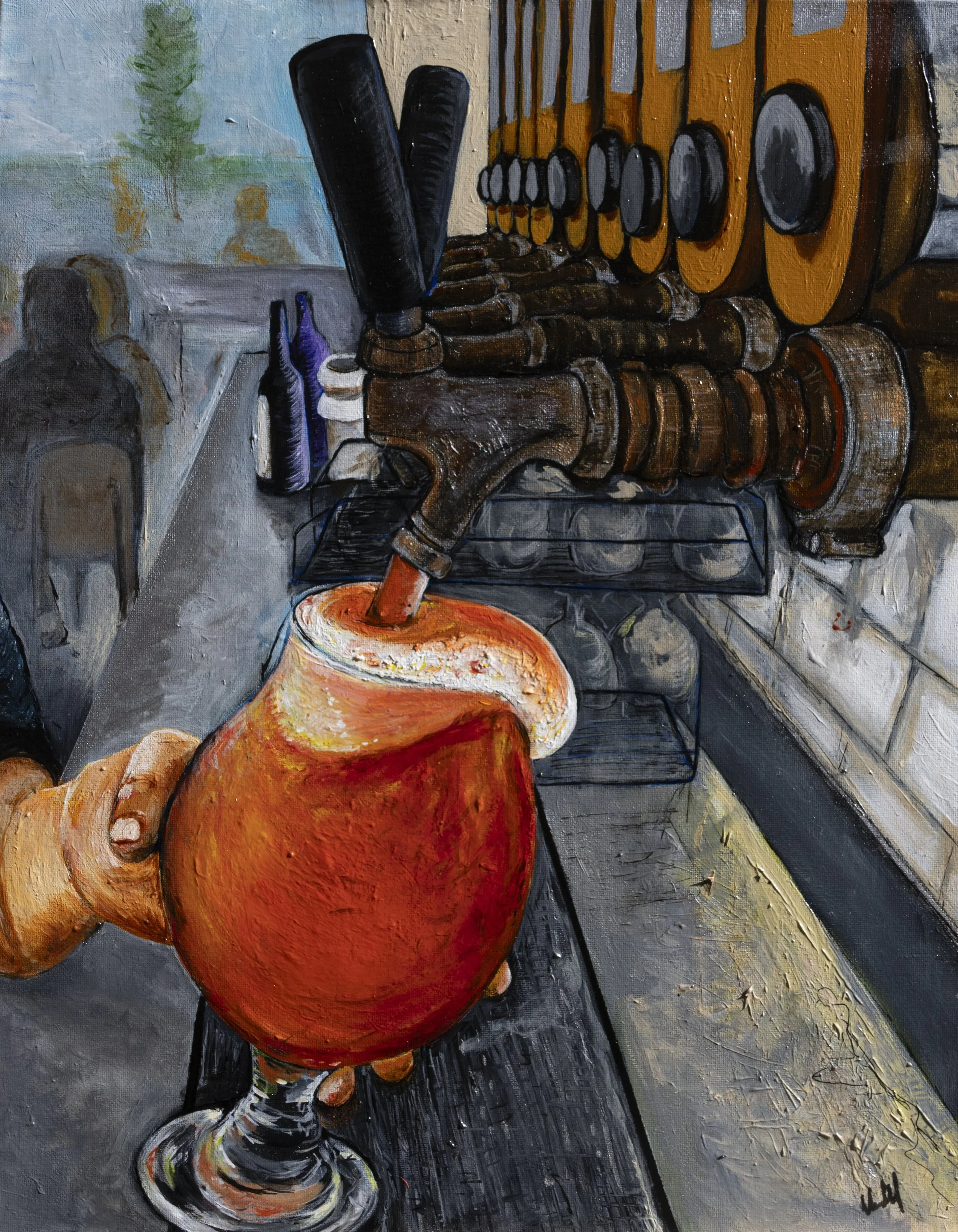 A painting of a hand holding a glass of beer being poured at The Seasonal Brewing Company, with the row of taps and bench behind it. Artist Elsa Norvill