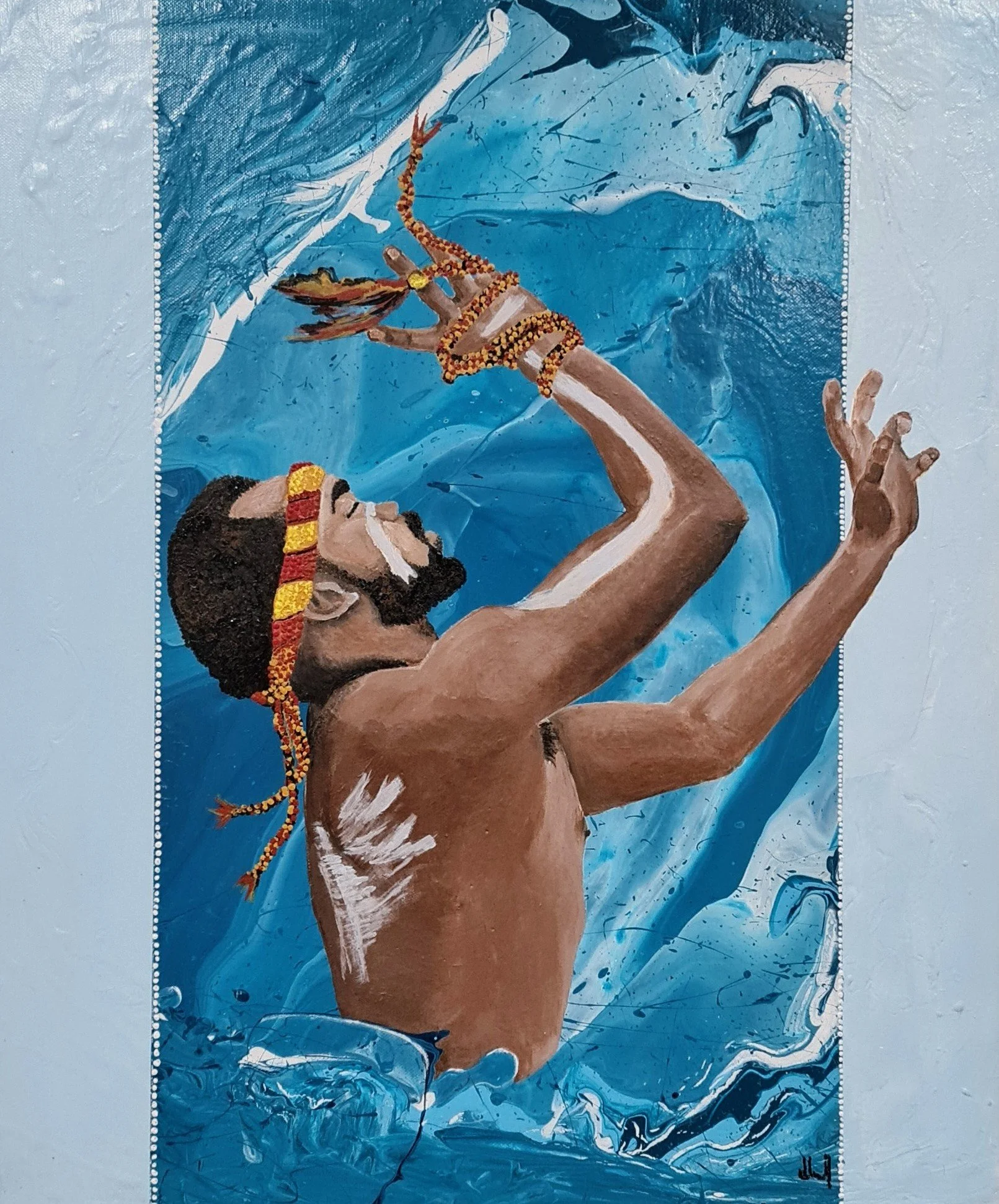 A portrait painting of Ash Penfold, wearing traditional garments and body painting, in a dance pose. The background is a blue water like background. Artist Elsa Norvill