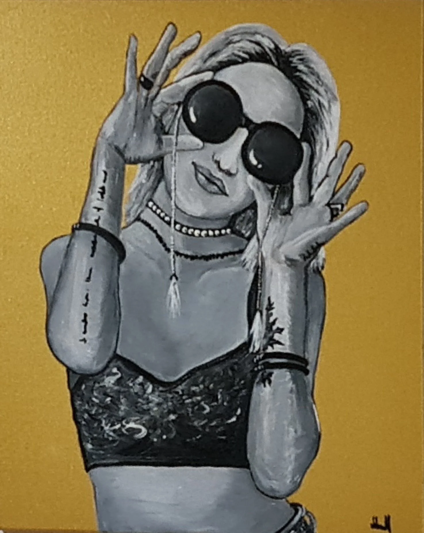 A black-and-white illustration of a woman with blonde hair, wearing sunglasses, jewelry, and a crop top, holding her glasses for a pose for the camera. the background is a gold canvas. Artist Elsa Norvill