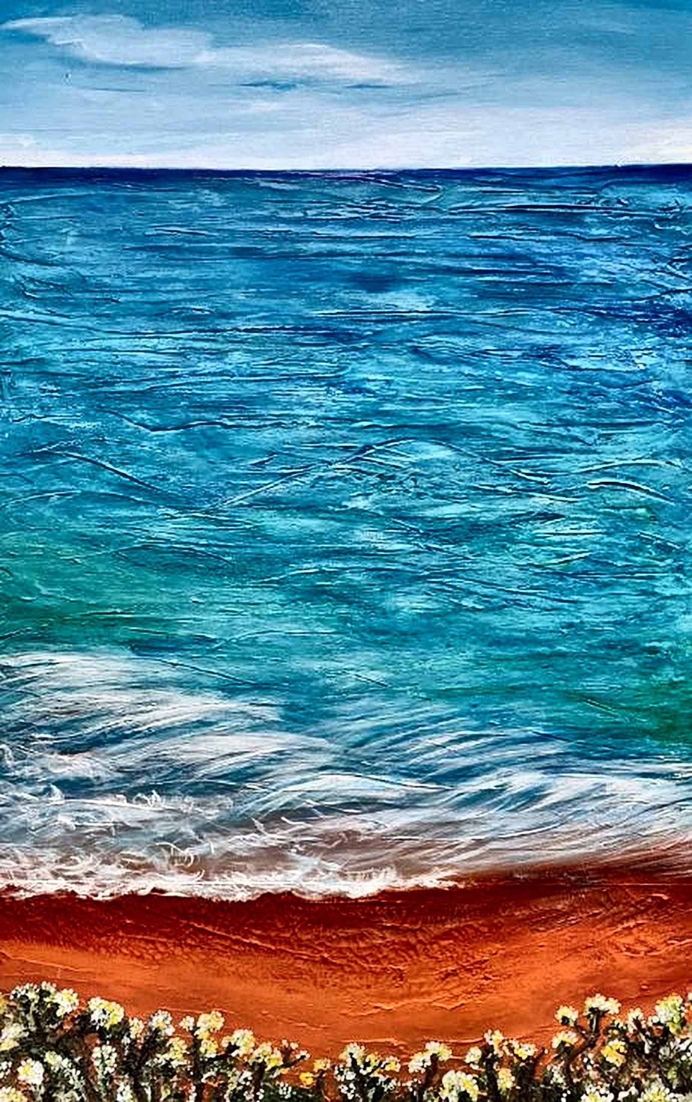 Painting of a beach scene with ocean waves in shades of blue, a sandy shore, and a border of white and yellow flowers at the bottom. Artist Elsa Norvill