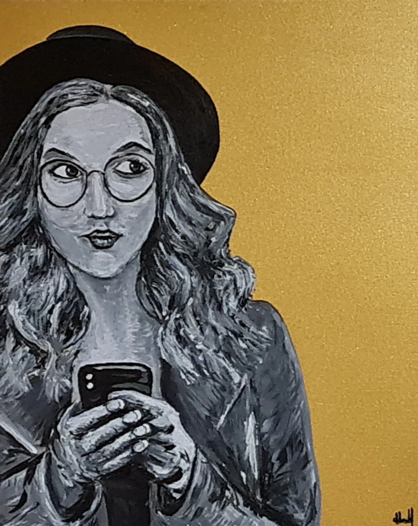 A woman with long hair, wearing glasses and a hat, taking a selfie with a smartphone. The background is a gold canvas. Artist Elsa Norvill