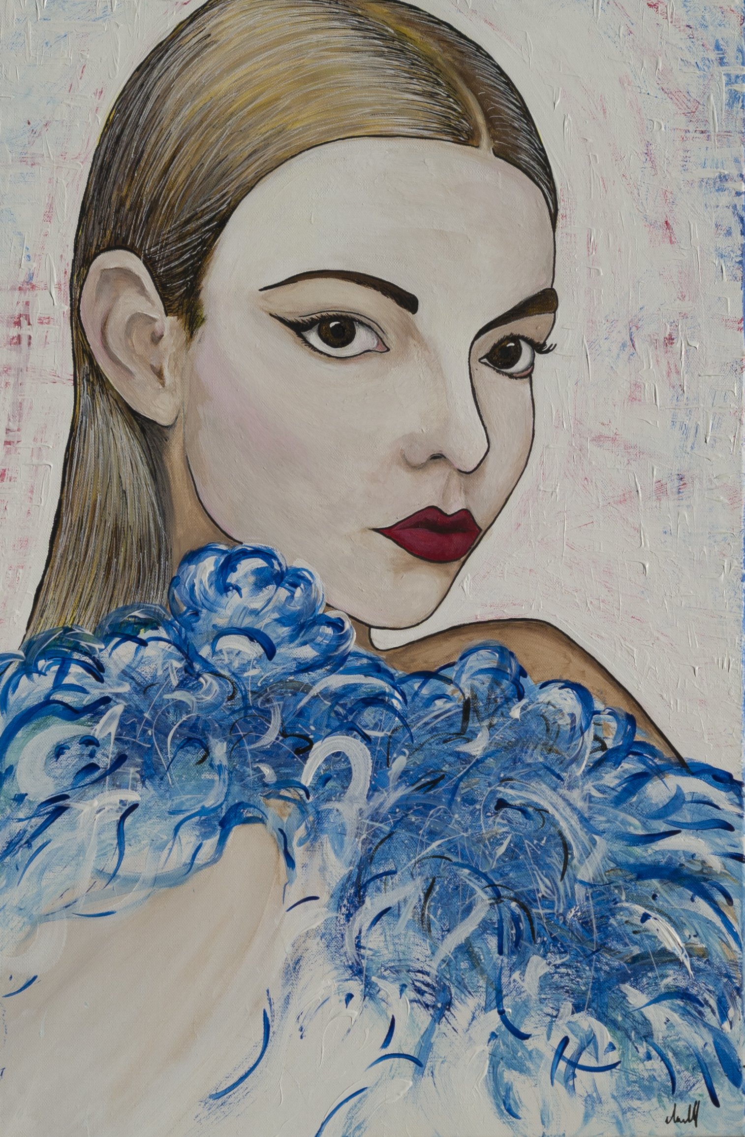 Painting of a woman with long, light brown hair, dark eyebrows, and red lipstick, wearing a blue textured garment, against a textured white background. Artist Elsa Norvill