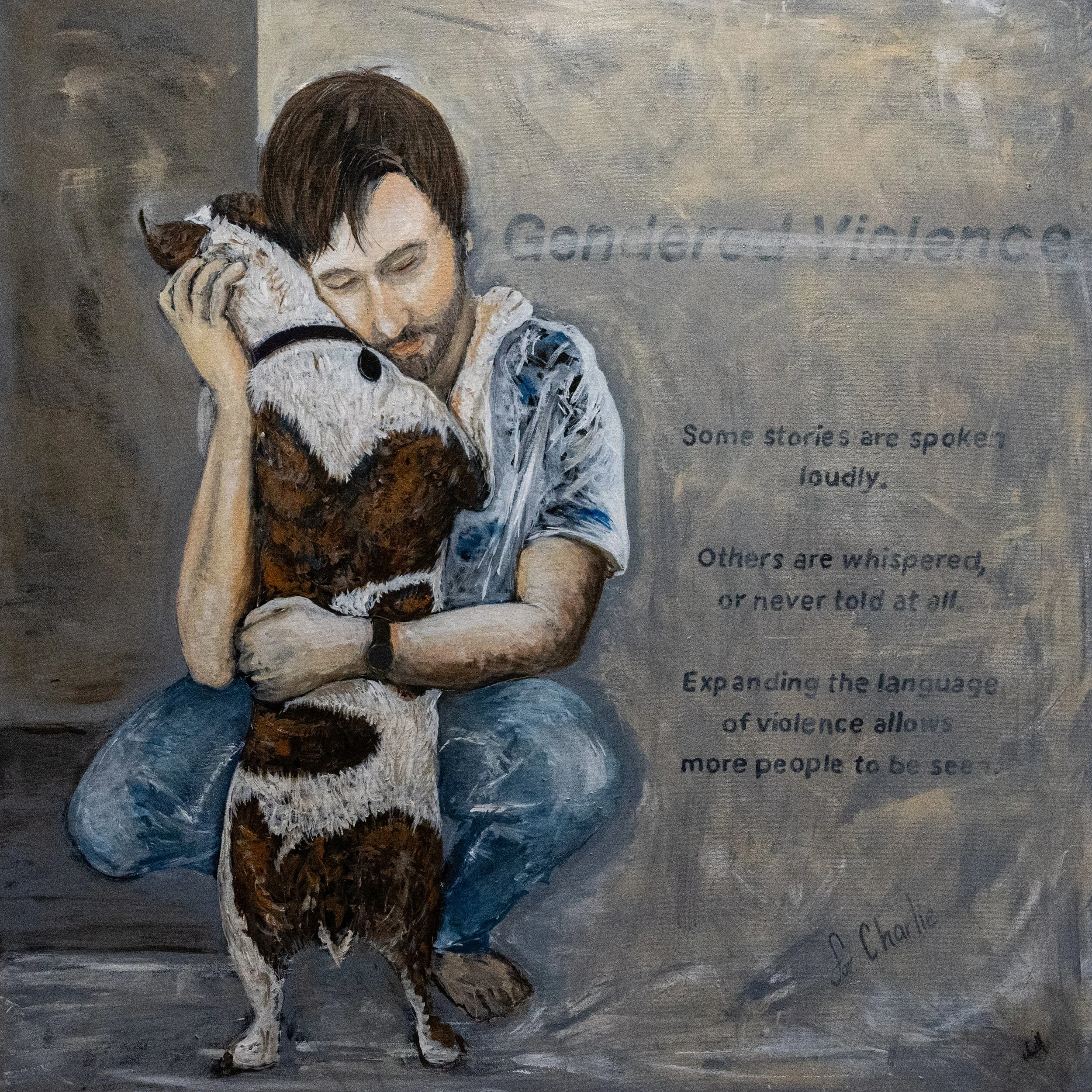 A painted portrait of a man with brown hair and beard, sitting with his eyes closed and head resting on his hand. He is wearing a white shirt and a brown vest, with a gray background and faint text to the right. Artist Elsa Norvill