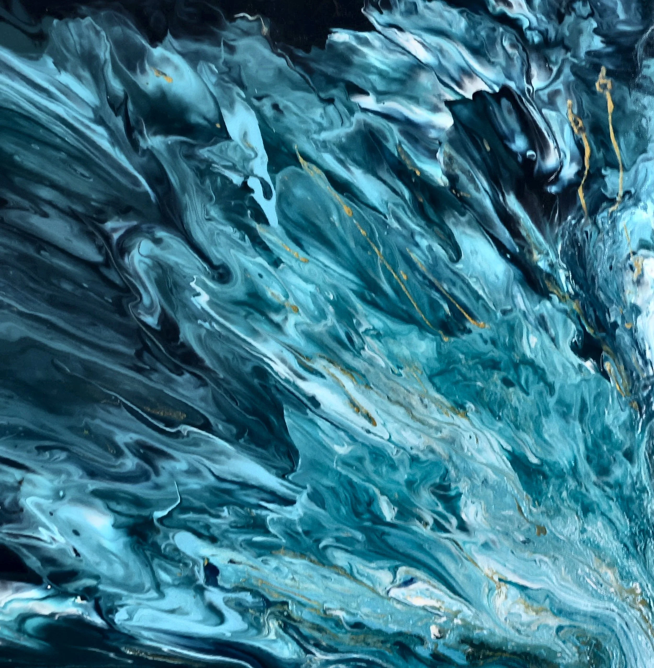 Abstract painting with swirling shades of blue, black, and hints of gold. Artist Elsa Norvill