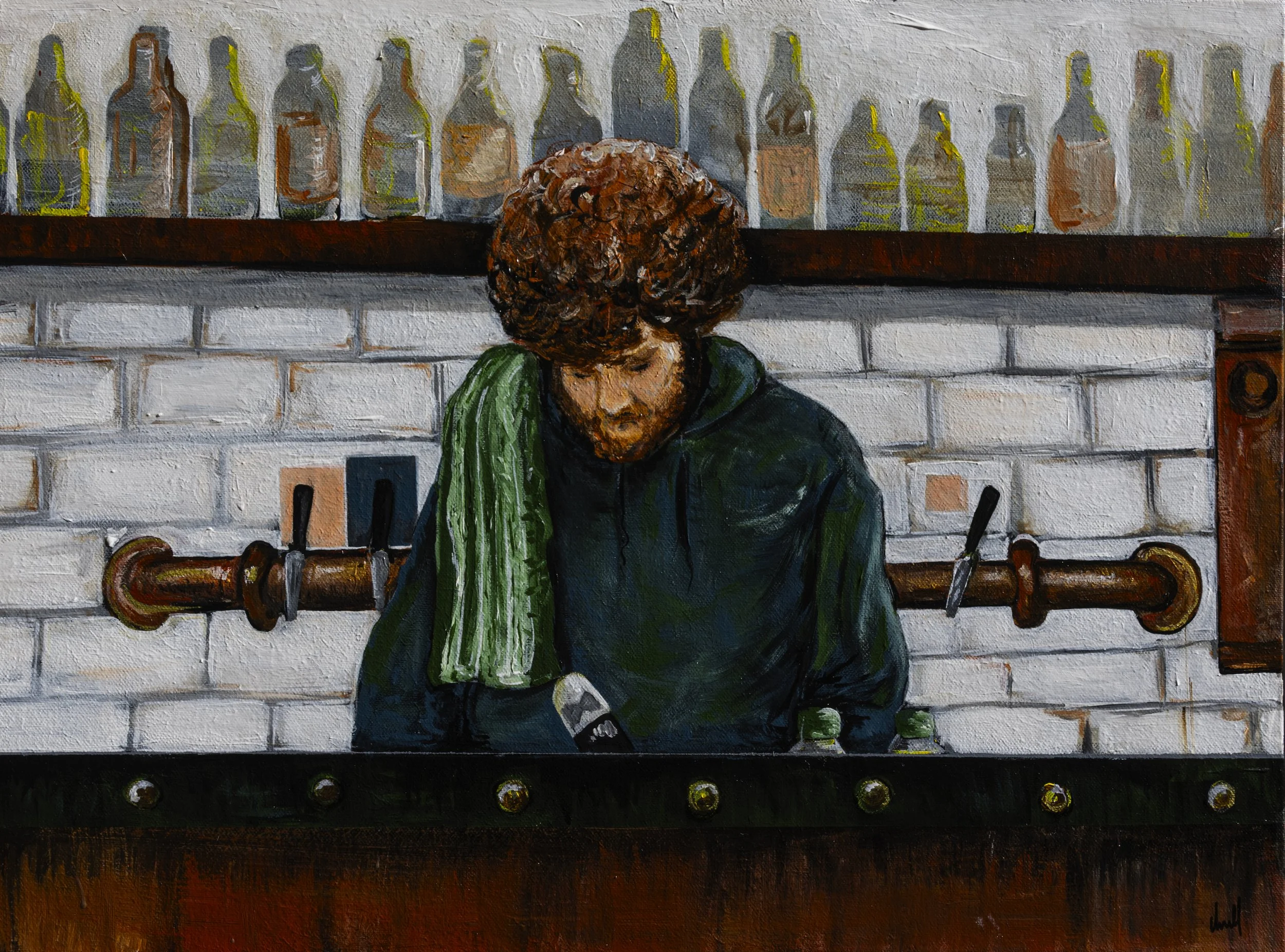 A painting of a bar man with curly hair and a hoodie, working behind a bar with bottles on the shelf behind him, and a brick wall with taps and pipes in the background. Artist Elsa Norvill
