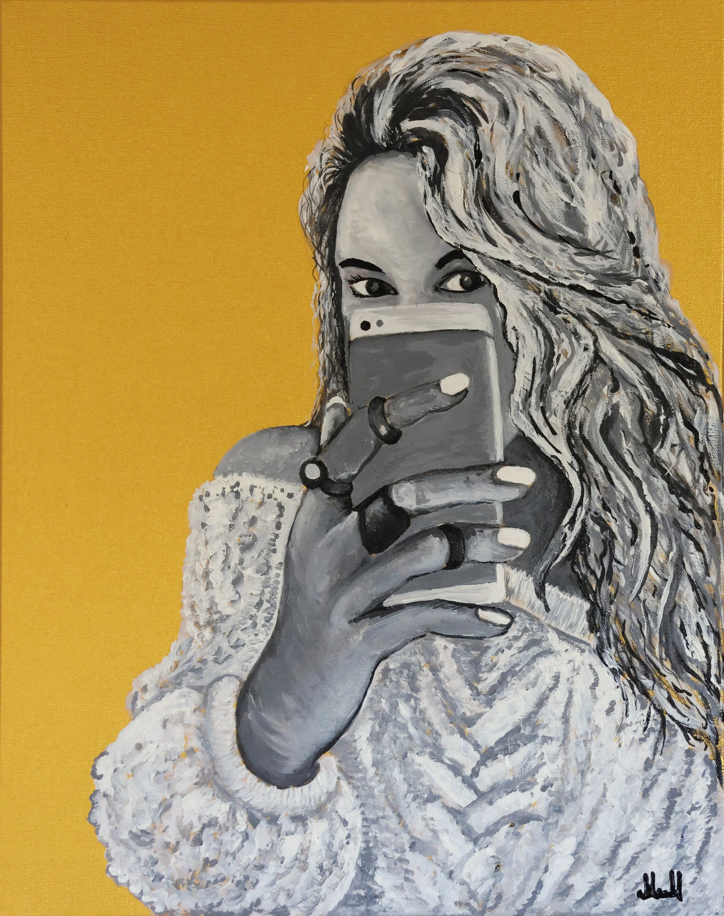 Painting of a woman with wavy hair holding a smartphone, wearing a textured white jumper. The background is a gold canvas. Artist Elsa Norvill