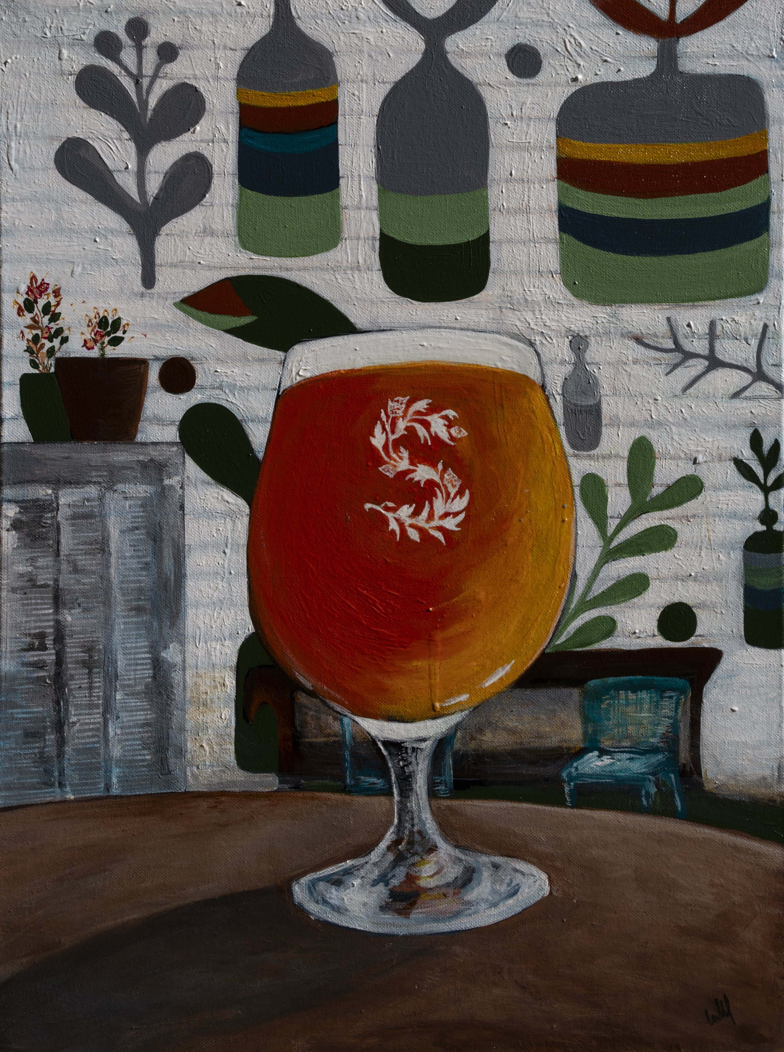 A painting of a drink in a glass with an orange-colored beverage and a white decorative leaf pattern on it, surrounded by bottles and plants on a table.