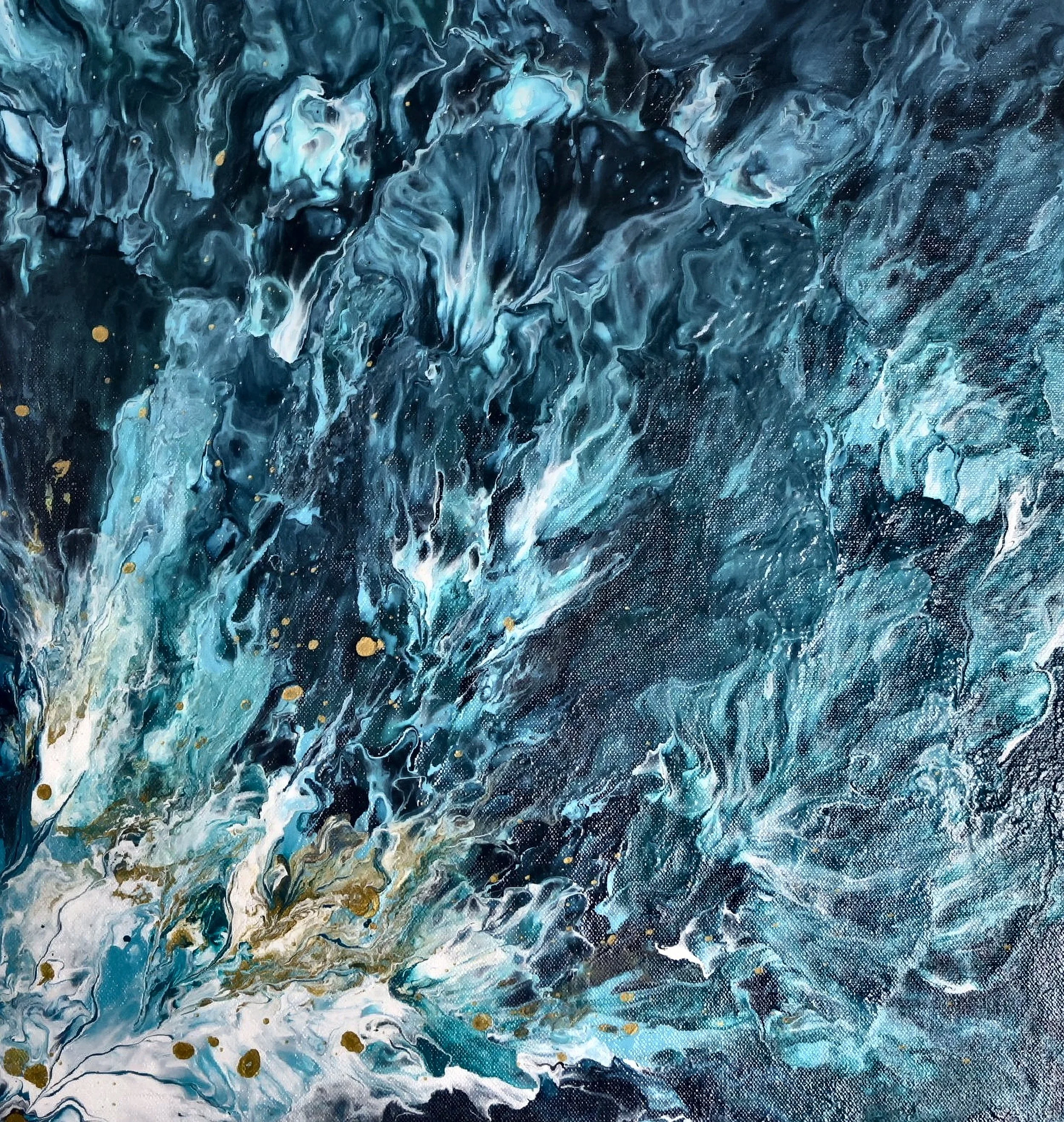 Abstract painting with swirling patterns of blue, black, white, and gold accents. Artist Elsa Norvill