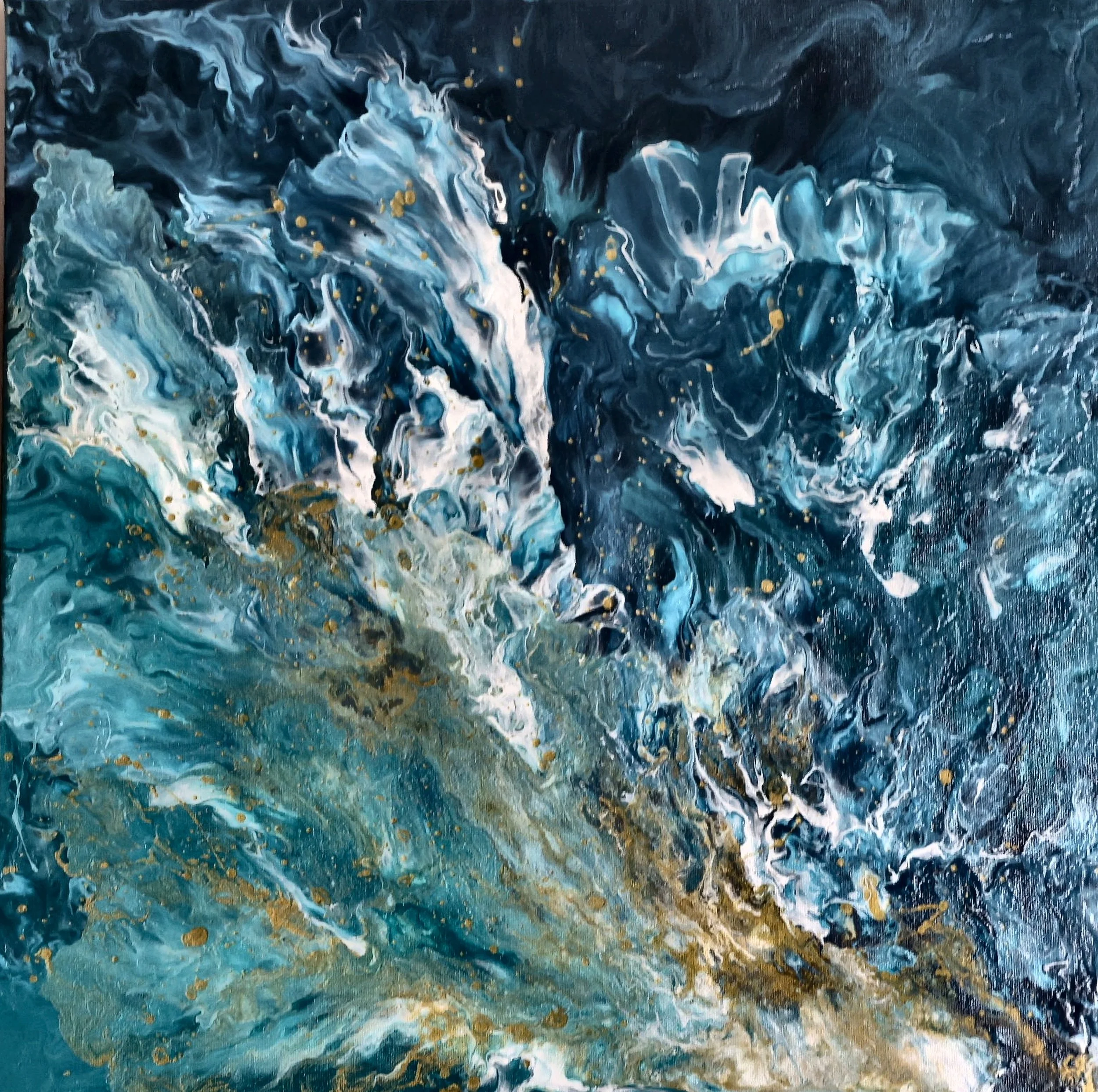 Abstract painting with swirls of blue, white, and gold colors. Artist Elsa Norvill