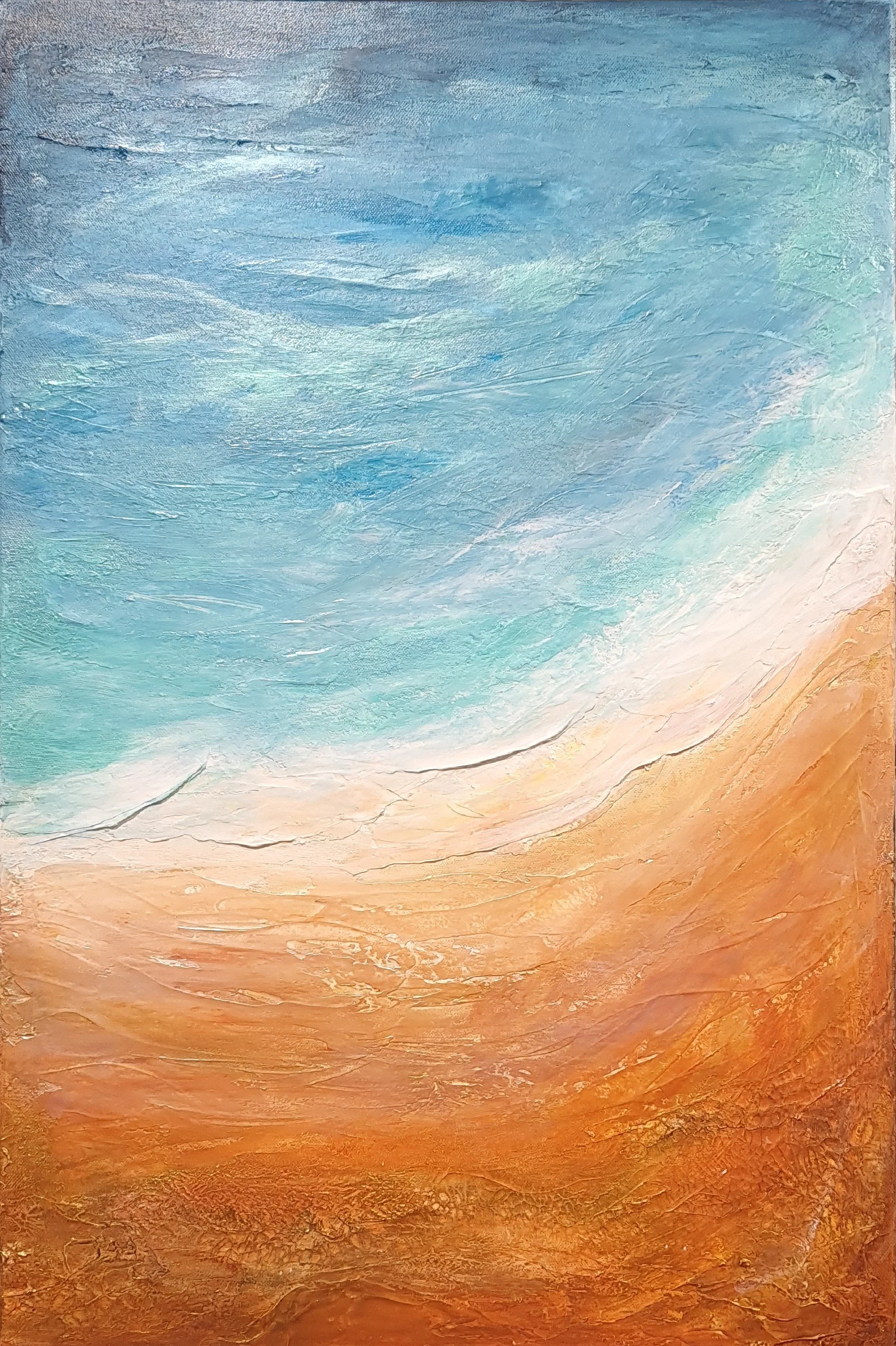 An abstract landscape painting with a wave in shades of blue and white at the top, blending into sandy brown and tan colors at the bottom. Artist Elsa Norvill