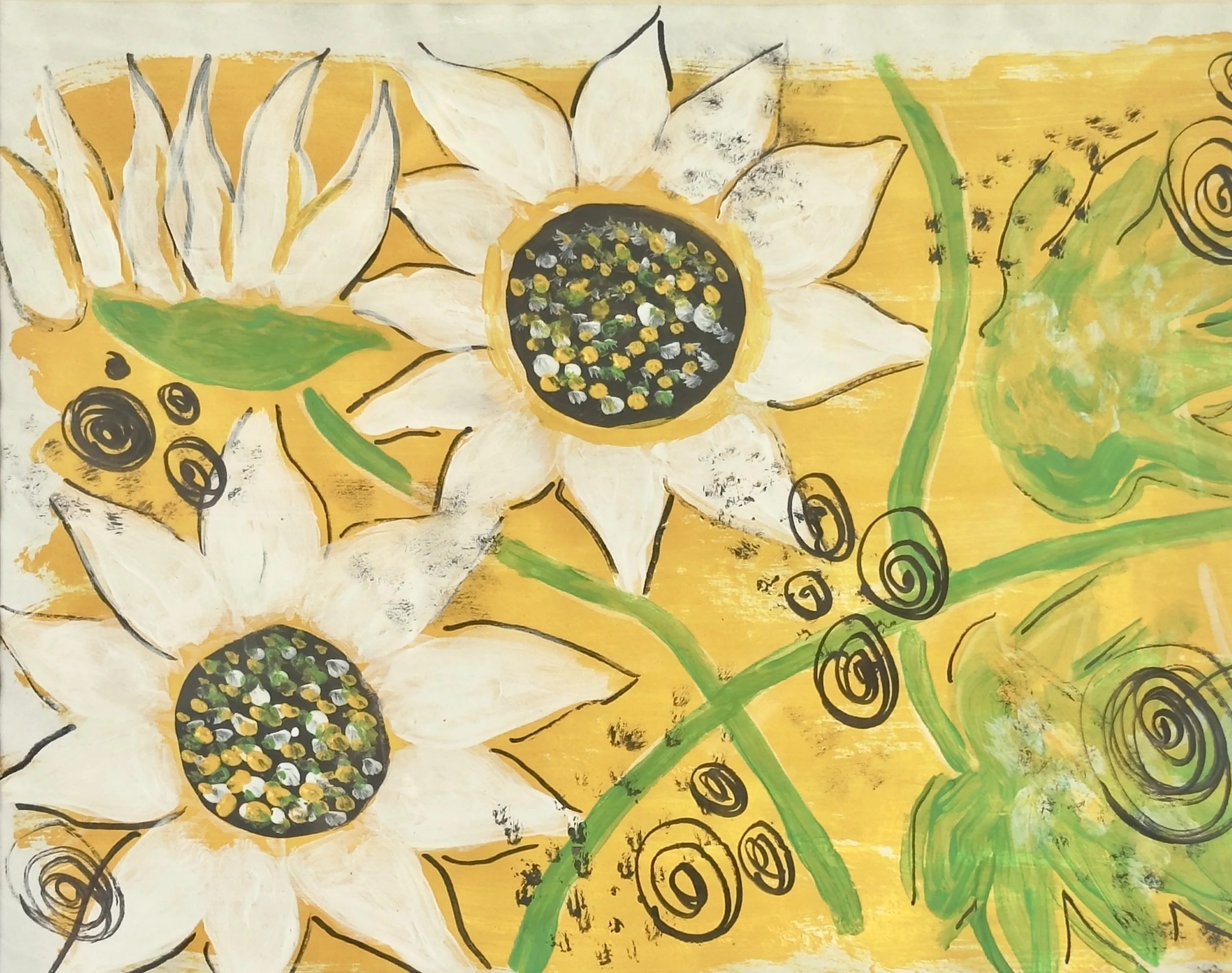 White Sunflowers - mixed media - 12 x 14 