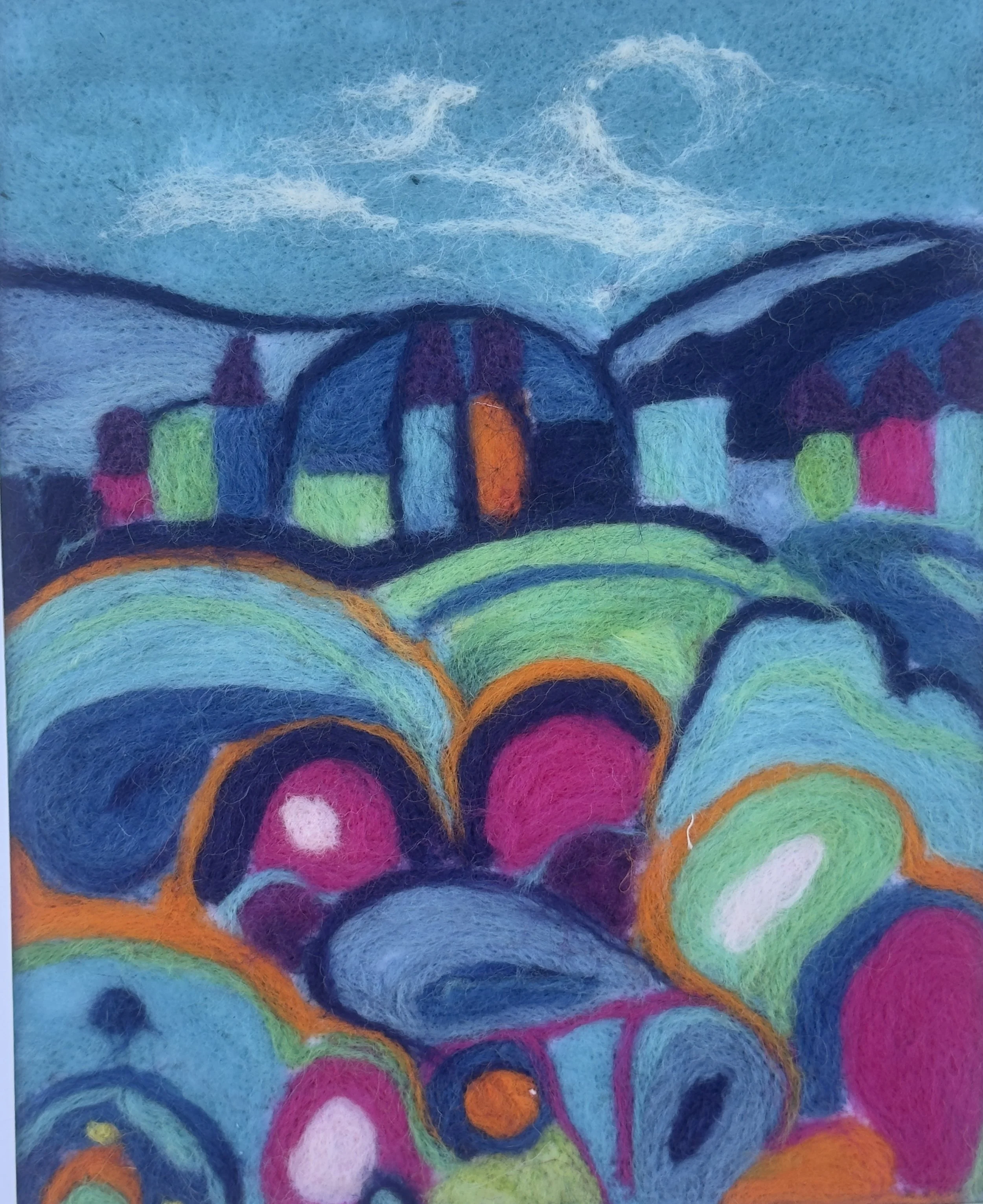 On Top of the Mountain - 12 x 15.5 Framed - Fibre Art - needle felted 
