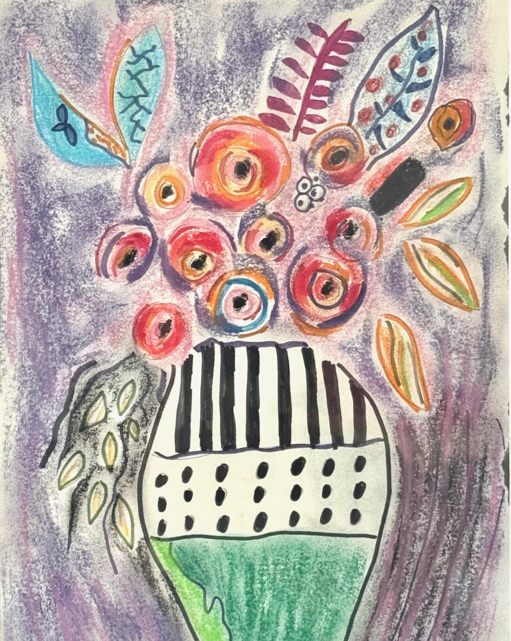 Flowers In Black Vase - mixed media - 12 x 14 