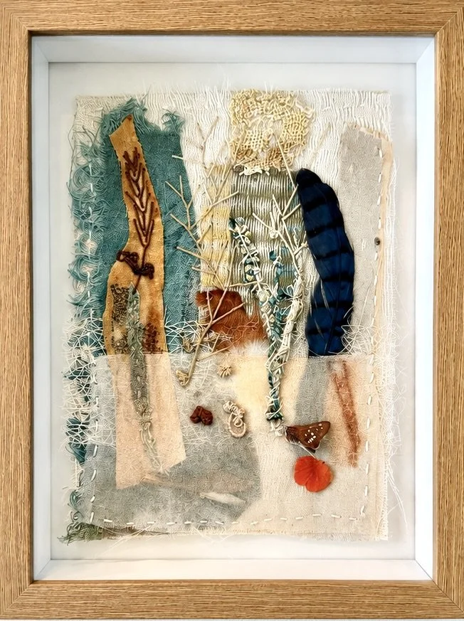 "Feather" - Abstract botanical textile collage - framed 6.5” x 8.5” x 2” deep