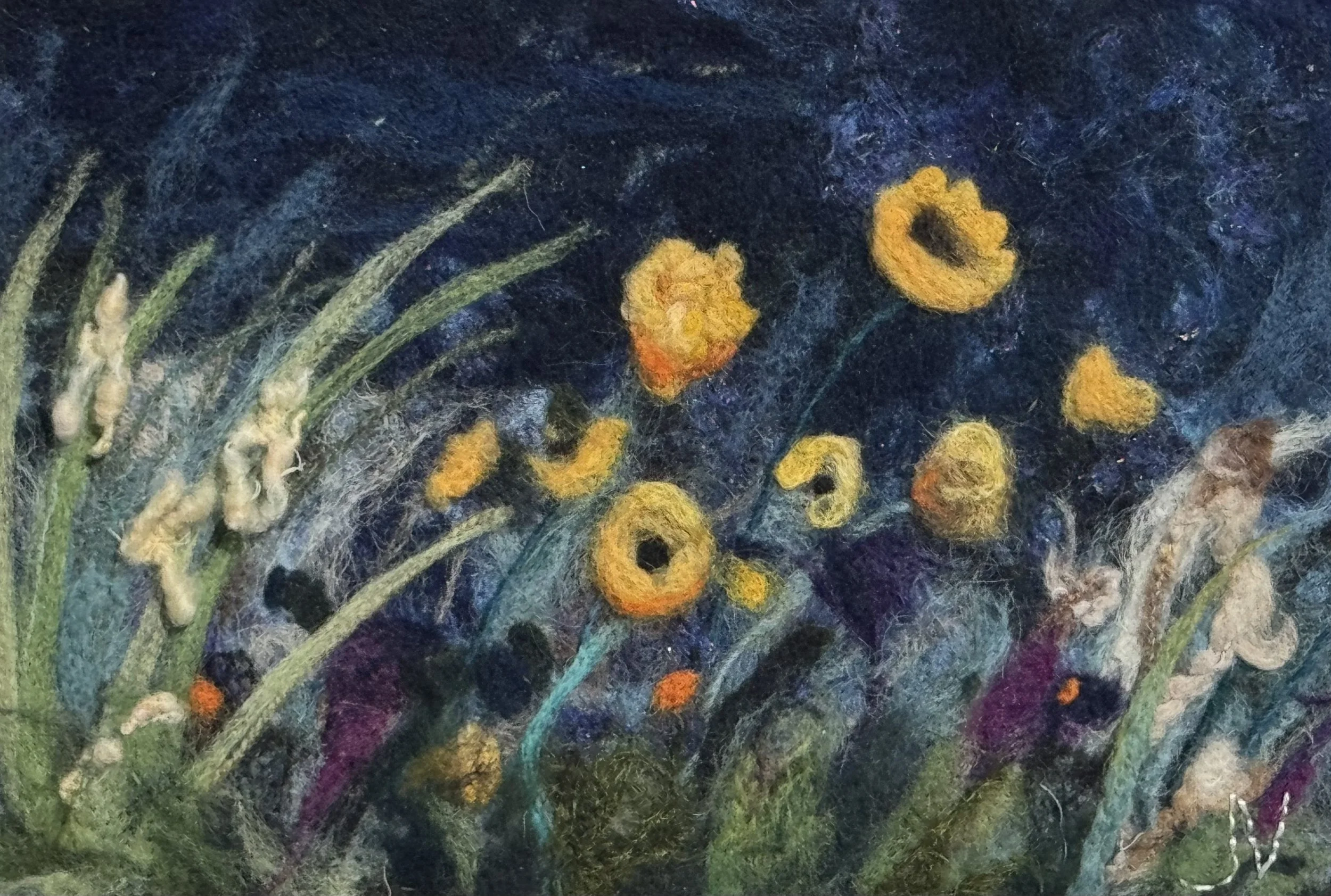 Flowers in the wind - 12 x 15 - Framed 
Fibre Art - needle felting 