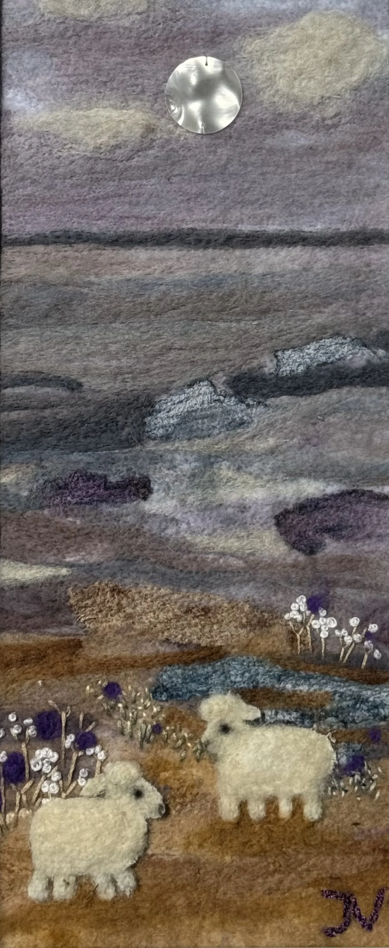 SOLD - Sheep - 7 x 15 - framed - fibre art - needle felted 