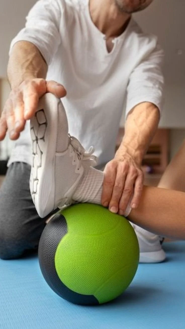 Elderly person stretching or exercising with a physical therapist or trainer using a massage ball and support.
