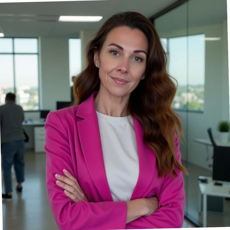 Businesswoman with long wavy red hair in a bright pink blazer and white t-shirt, standing confidently with arms crossed in a modern office with large windows and city view.