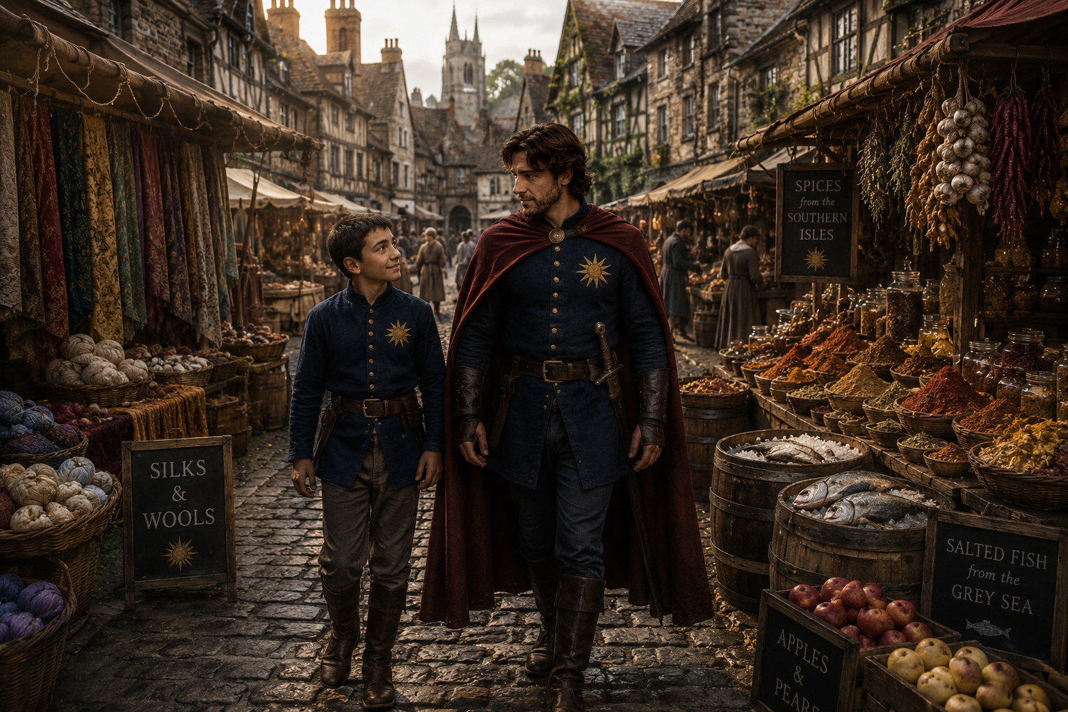 A man and a boy dressed in medieval-style clothing walking through an outdoor market in old Europe, with stalls selling spices, dried herbs, silks, wool, and fresh fish, cobblestone streets, and historic buildings in the background.