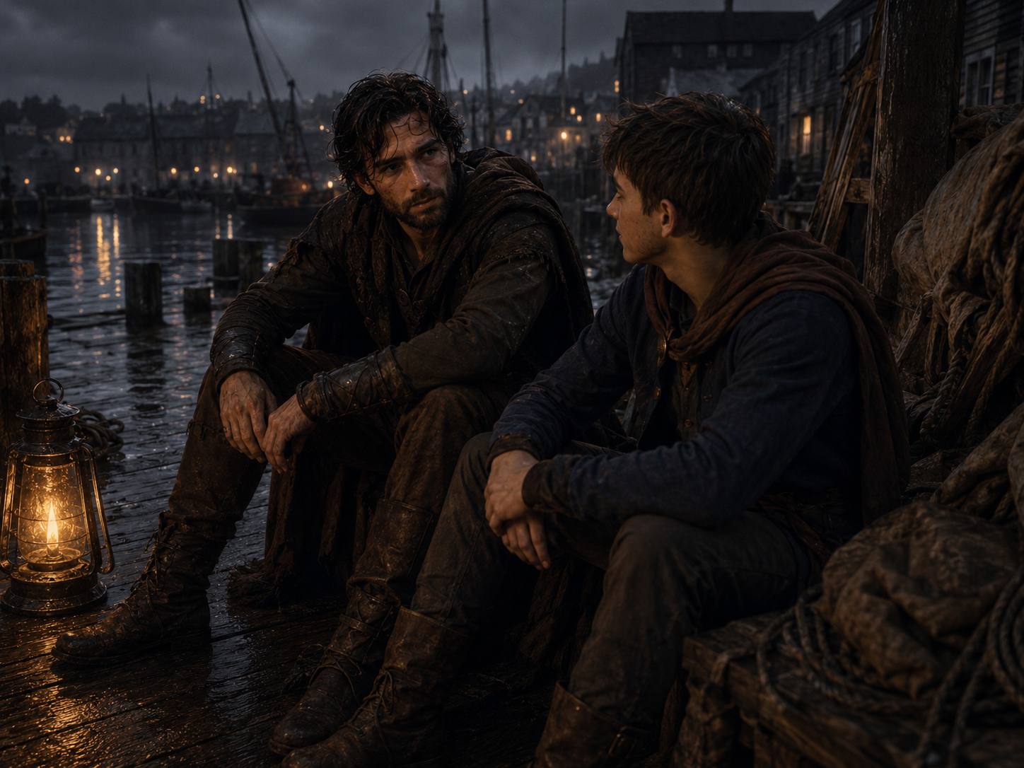 Two men sitting by the dock at night, having a serious conversation. One man has dark, curly hair and a beard, wearing dark clothes and boots, and the other man has short brown hair, also dressed in dark clothing. A lantern on the wet pier illuminates their surroundings, with a harbor and sailboats in the background under dark, cloudy skies.