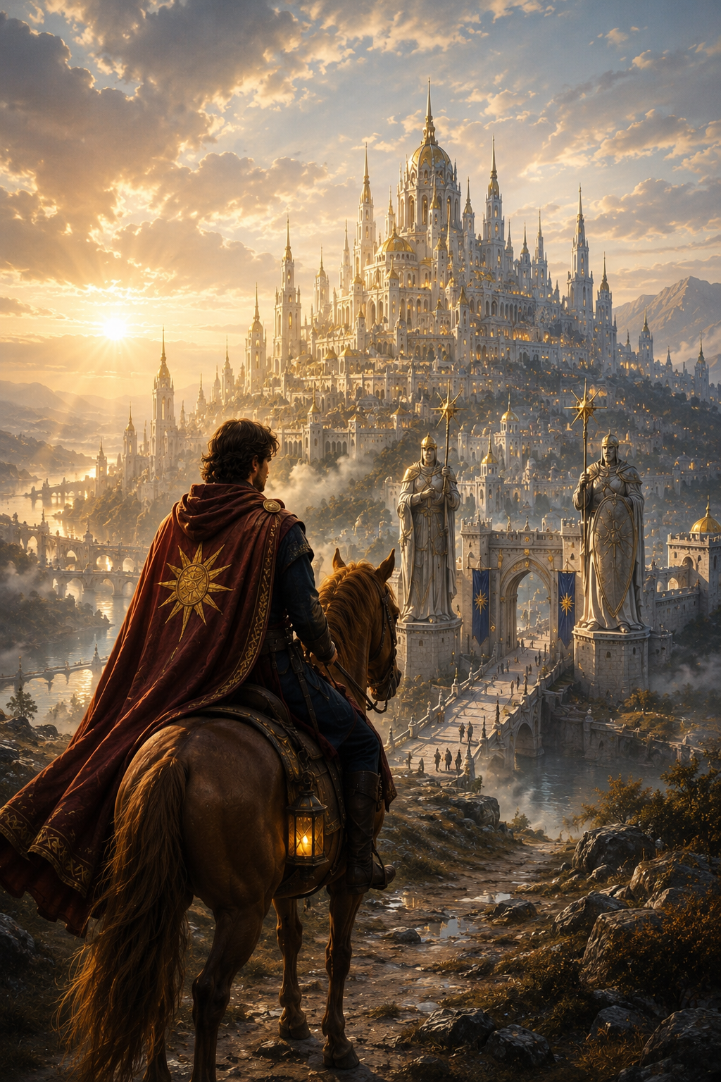 A man in medieval armor rides a horse towards a majestic castle on a hill during sunrise, with large statues of armored figures at the entrance.