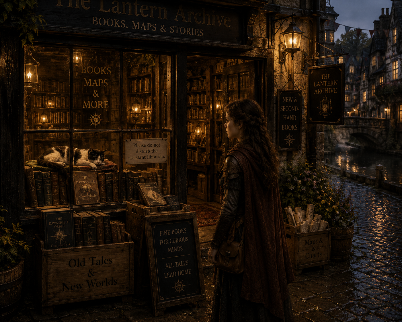 A woman in a medieval costume browsing a quaint outdoor bookstore by a river at dusk. The shop, named 'The Lantern Archive,' is filled with books and dimly lit lanterns. A cat rests among the books inside the shop window.