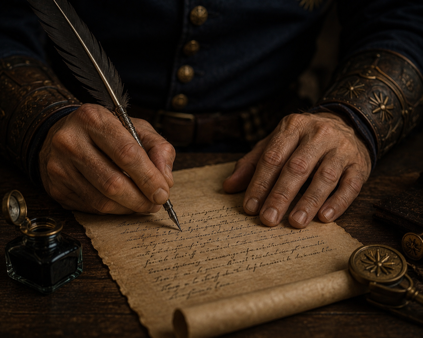Person writing with a quill pen on old parchment, surrounded by ink bottle and vintage items, wearing ornate sleeves.