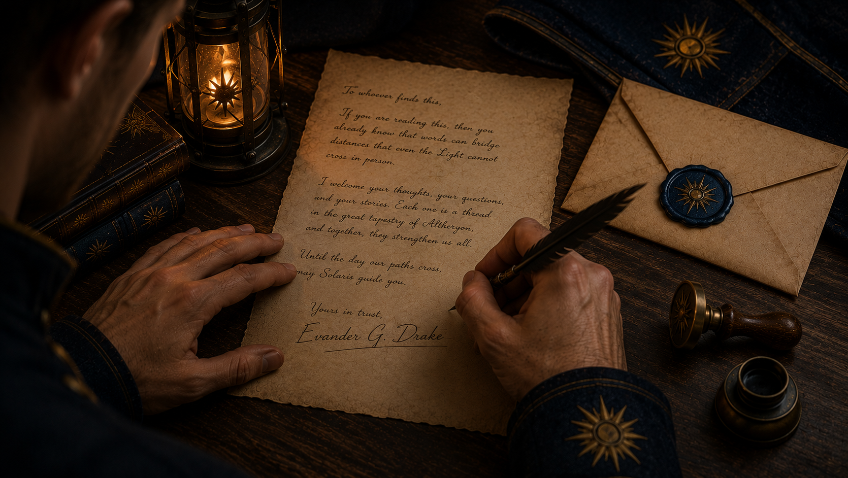 A person writing an old-fashioned letter with a quill pen on parchment paper, surrounded by vintage items including a lantern, a wax seal, books, and a sealed envelope, all set on a wooden table.