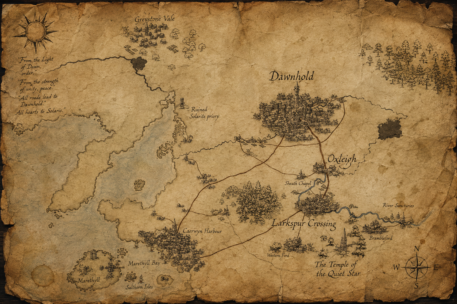 A fantasy-style map showing towns and landmarks such as Dawnhold, Oxleigh, Larkspur Crossing, Caerwyn Harbour, and Marethyll Bay. The map includes a compass rose, a quote, and features like forests, lakes, and a ruined priory, with a worn parchment background.