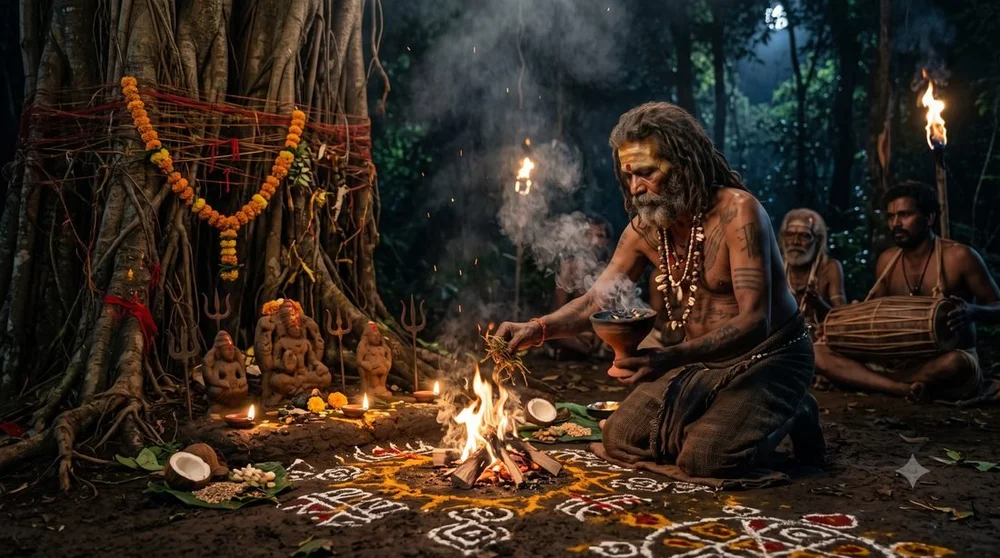 वन में प्रकृति-उपासना करते साधक