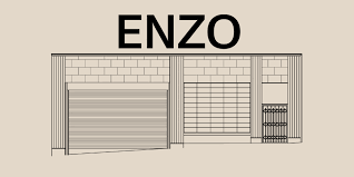 Storefront sign reading 'ENZO' with a garage door and brick wall.