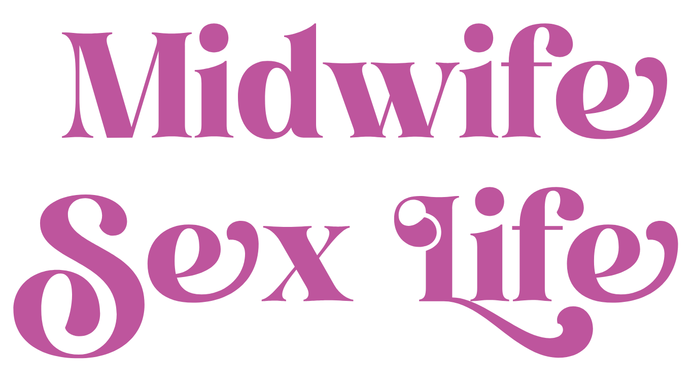 Text saying 'Midwife for your Sex life' with 'Midwife' and 'Sex life' in large purple font and 'for your' in smaller white font against a black background.