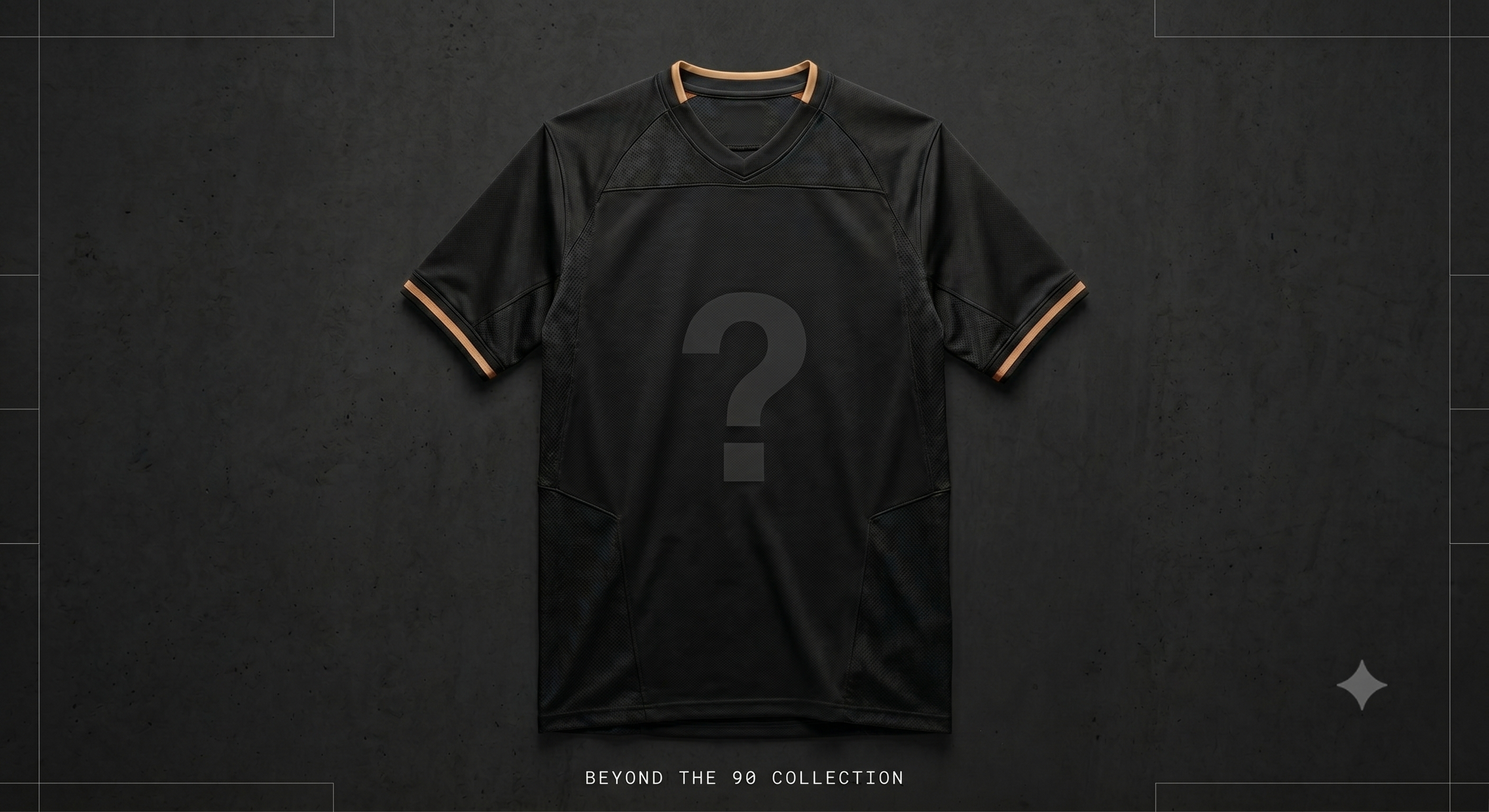 Black sports jersey with tan accents on collar and sleeve cuffs, laid flat against a dark background. A large question mark overlays the center of the jersey, and the text 'BEYOND THE 90 COLLECTION' appears at the bottom of the image.