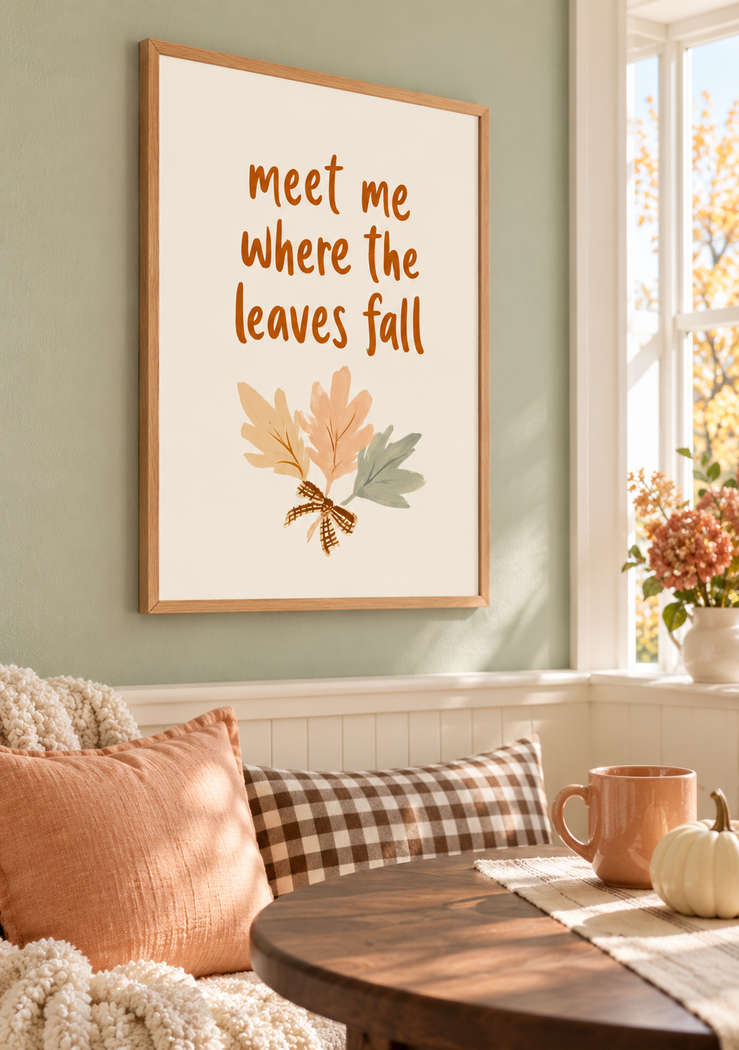 Cozy Dining Nook with Autumn Leaf Art.png