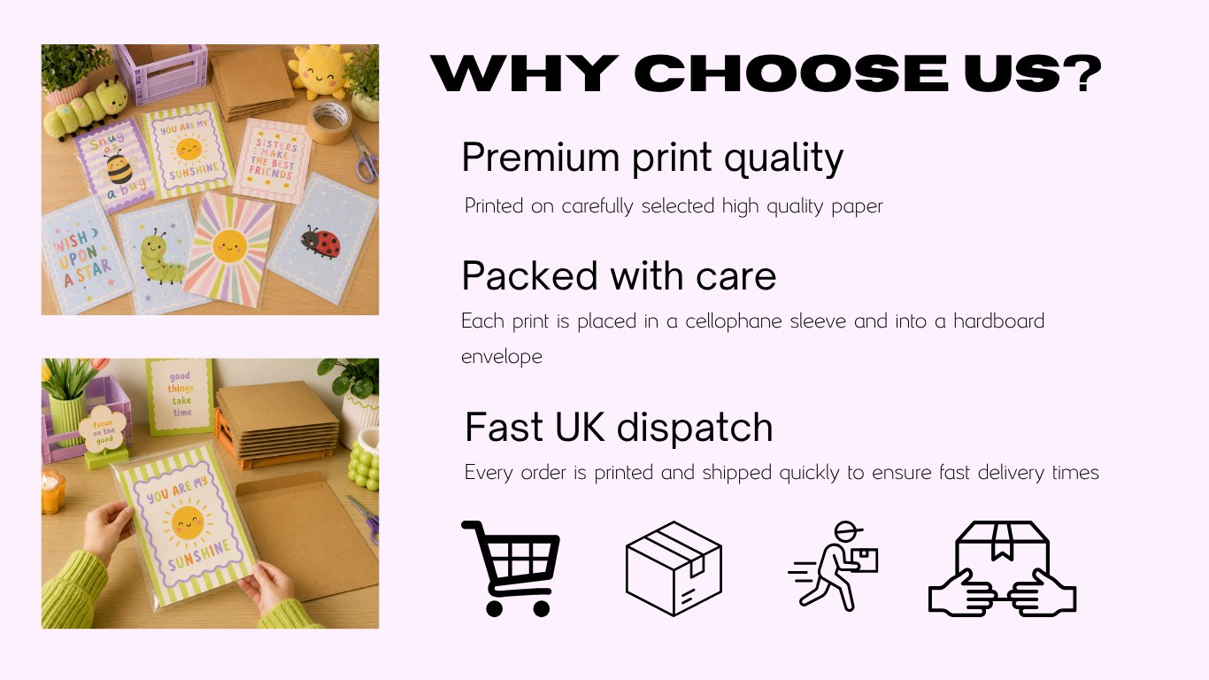 A promotional graphic showcasing custom printed items including colorful greeting cards with uplifting messages and a packaging process for small orders, emphasizing quality, care in packaging, and fast UK delivery.