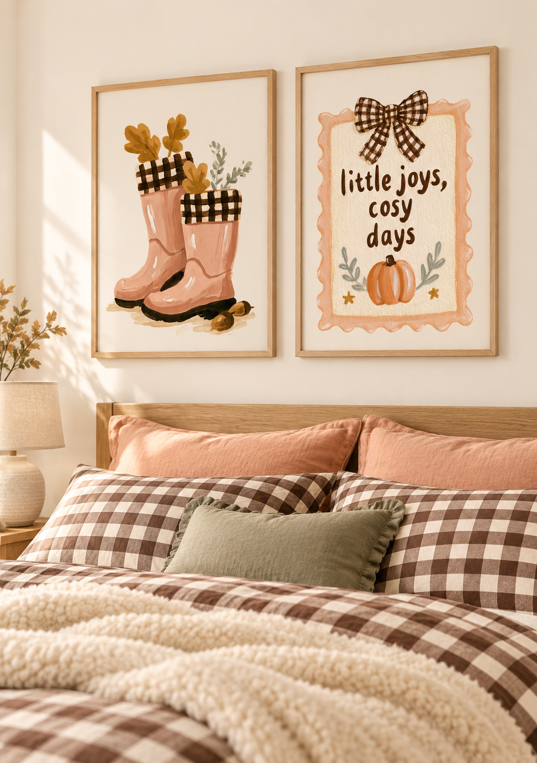 Cosy autumn prints above a Scandinavian bed.png