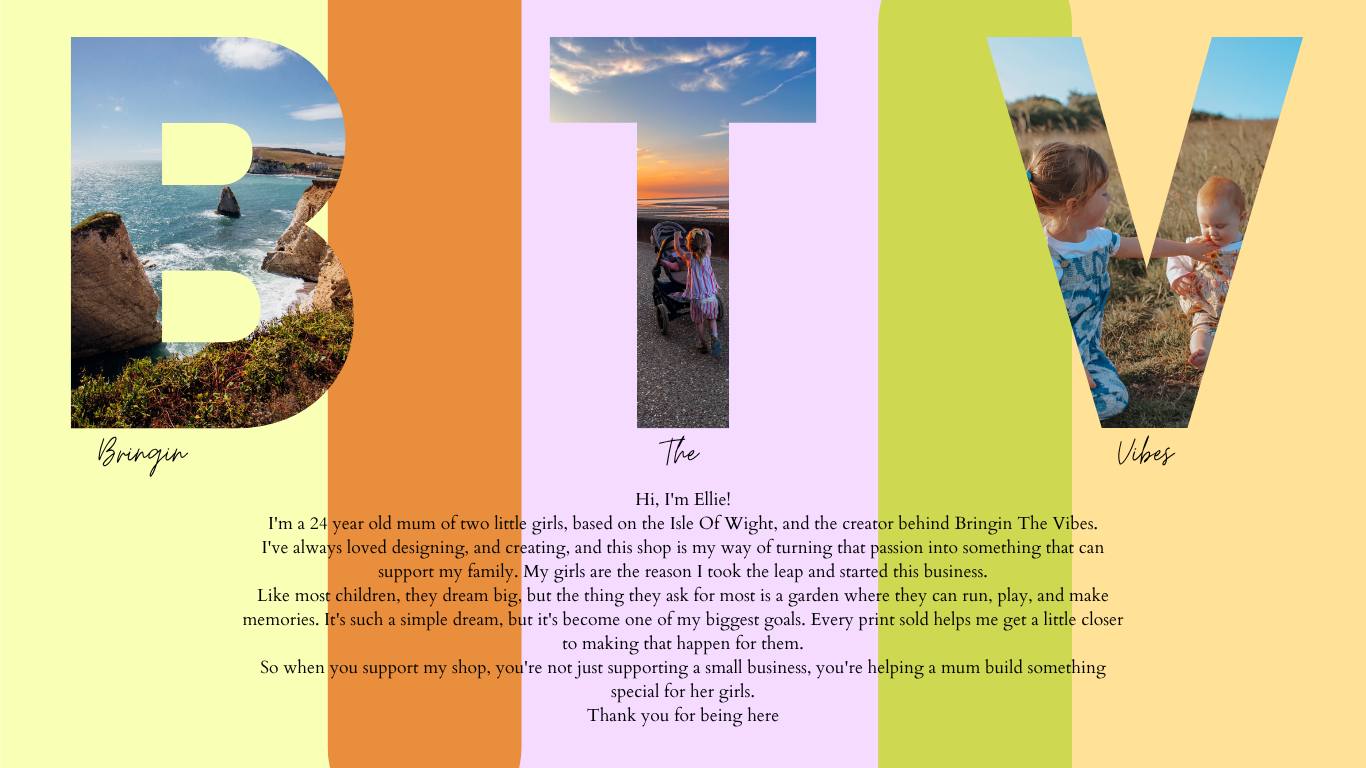 A colorful collage with the word 'BEY' spelled out in large letters. Each letter contains an outdoor photo: 'B' shows rocks and the ocean, 'E' shows a sunset and two girls, 'Y' shows two children playing in a field. Below the collage, a paragraph introduces Ellie, a 24-year-old mom of two girls, explaining her passion for designing and supporting her small business, Bringing The Vibes.