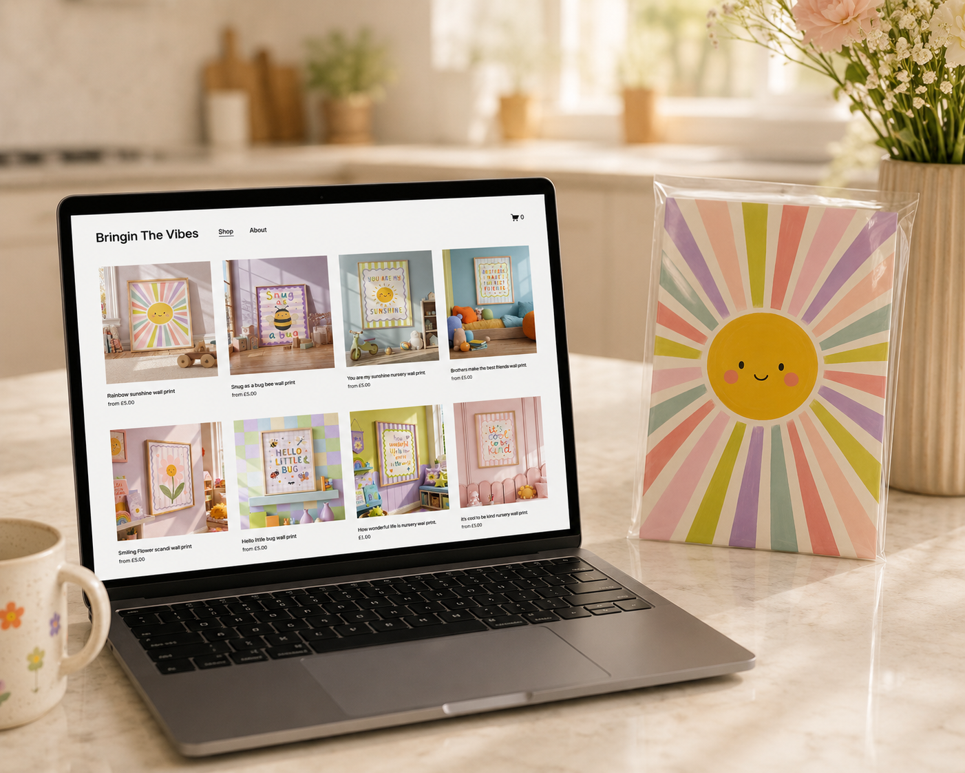 Laptop on a kitchen counter displaying a website with colorful wall art prints for children. Next to the laptop is a framed print showing a smiling sun with a rainbow background, standing upright in a clear plastic sleeve. In the background, there is a floral patterned mug, a potted plant, and a vase with flowers.