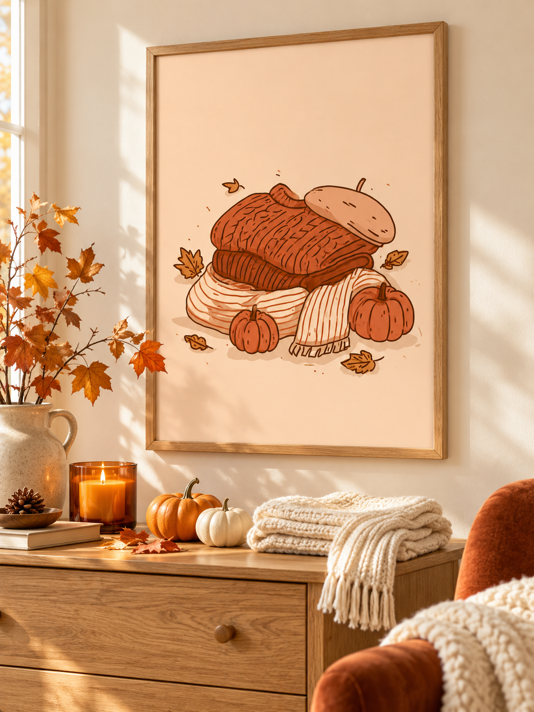 Autumn Jumper & Pumpkin Wall Print – Cosy Seasonal Home Décor