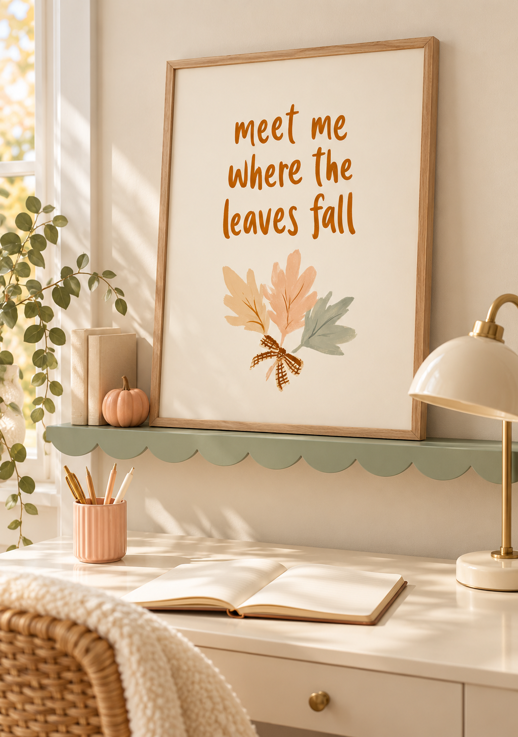 Framed autumn leaves in a cozy office.png
