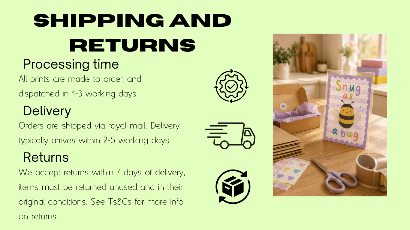 Light green background with black text titled "Shipping and Returns" and three sections about processing time, delivery, and returns. To the right, a photo of crafting supplies on a table, including scissors, a roll of tape, a card with a bee and the text "Snug as a bug," a cardboard box, wrapped paper, and decorative items, with a cozy, well-lit room in the background.