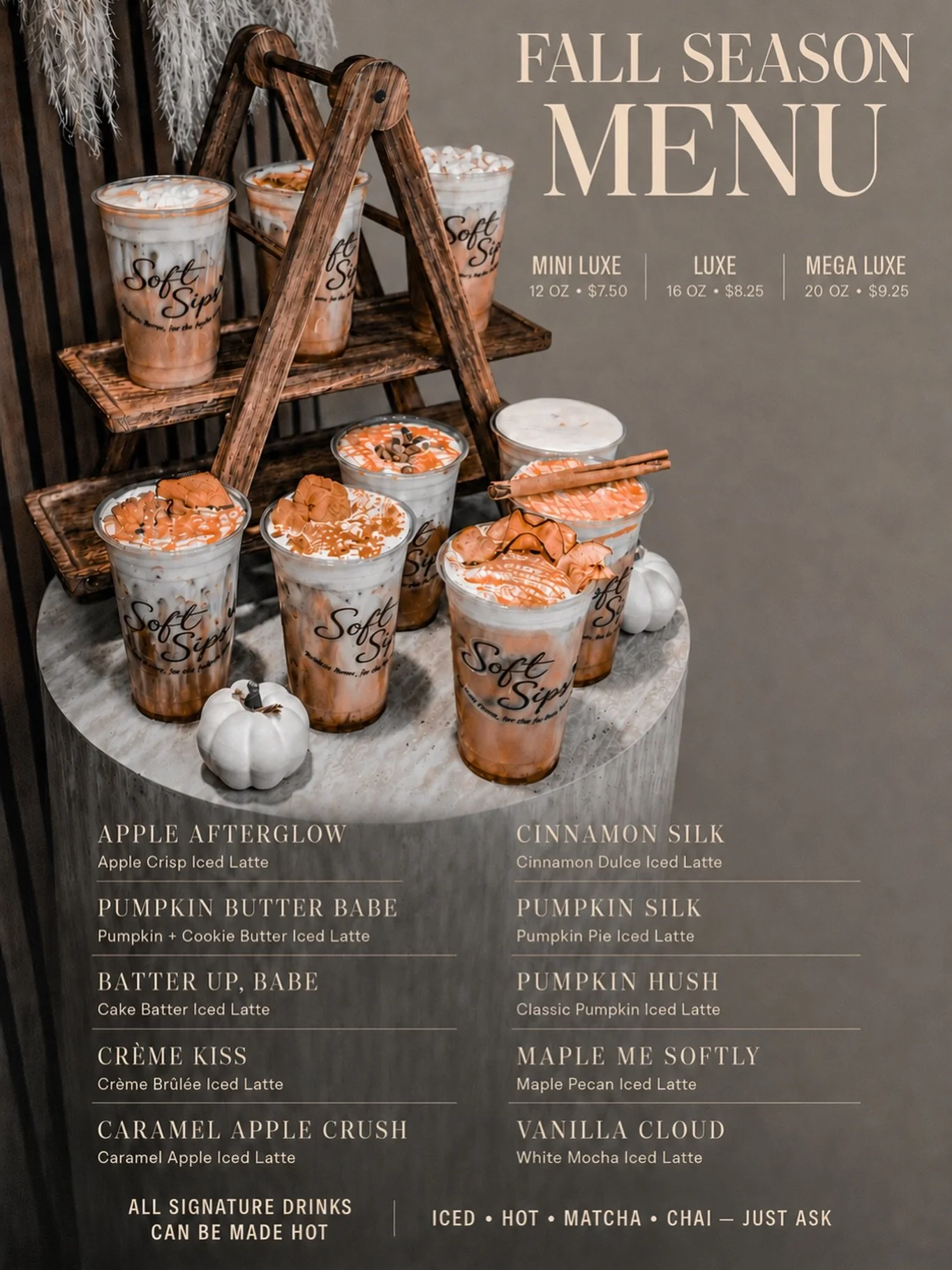 Fall just got a little softer. 🍂🤎

Introducing our Soft Sips Fall Season Menu.

Cozy flavors, dreamy toppings &amp; all the fall feels in every sip.
Your new fall obsession starts now.

Available 9.2.26 🍎🎃🤎