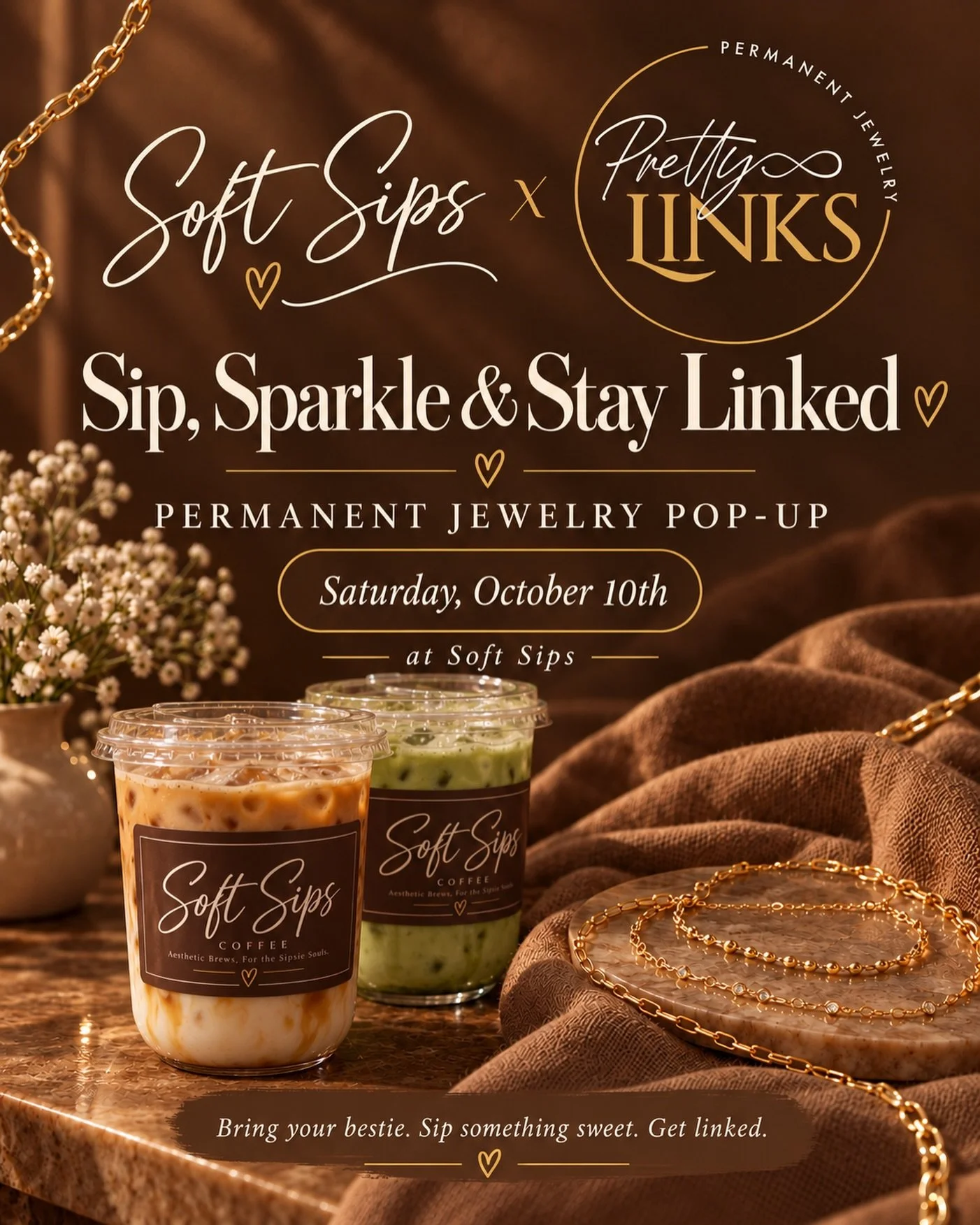 Soft Sips x Pretty Links 

Soft Sips x Pretty Links is bringing permanent jewelry to the shop this Saturday, October 10th! 🤎

Sip your favorite coffee or matcha while adding a little sparkle that stays with you.
Bring your bestie, get linked &amp; m