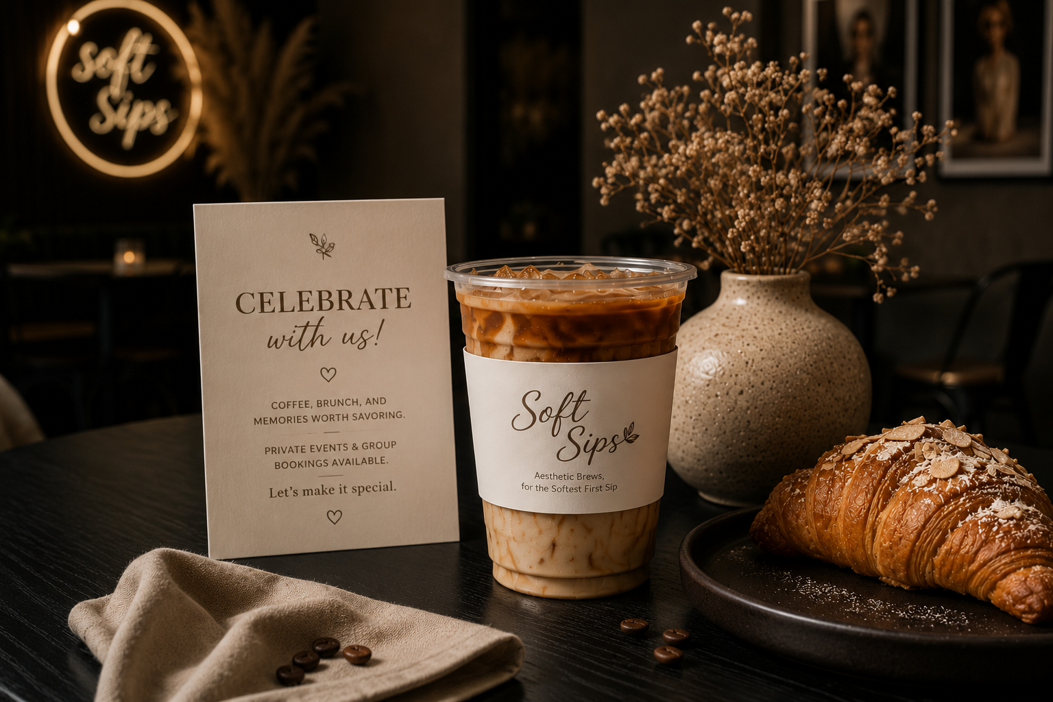 A coffee cup labeled 'Soft Sips' with iced coffee, a croissant on a black plate, a vase with dried flowers, and a sign that says 'Celebrate with us! Coffee, brunch, and memories worth savoring. Private events & group bookings available.' on a dark wooden table in a cozy cafe setting.