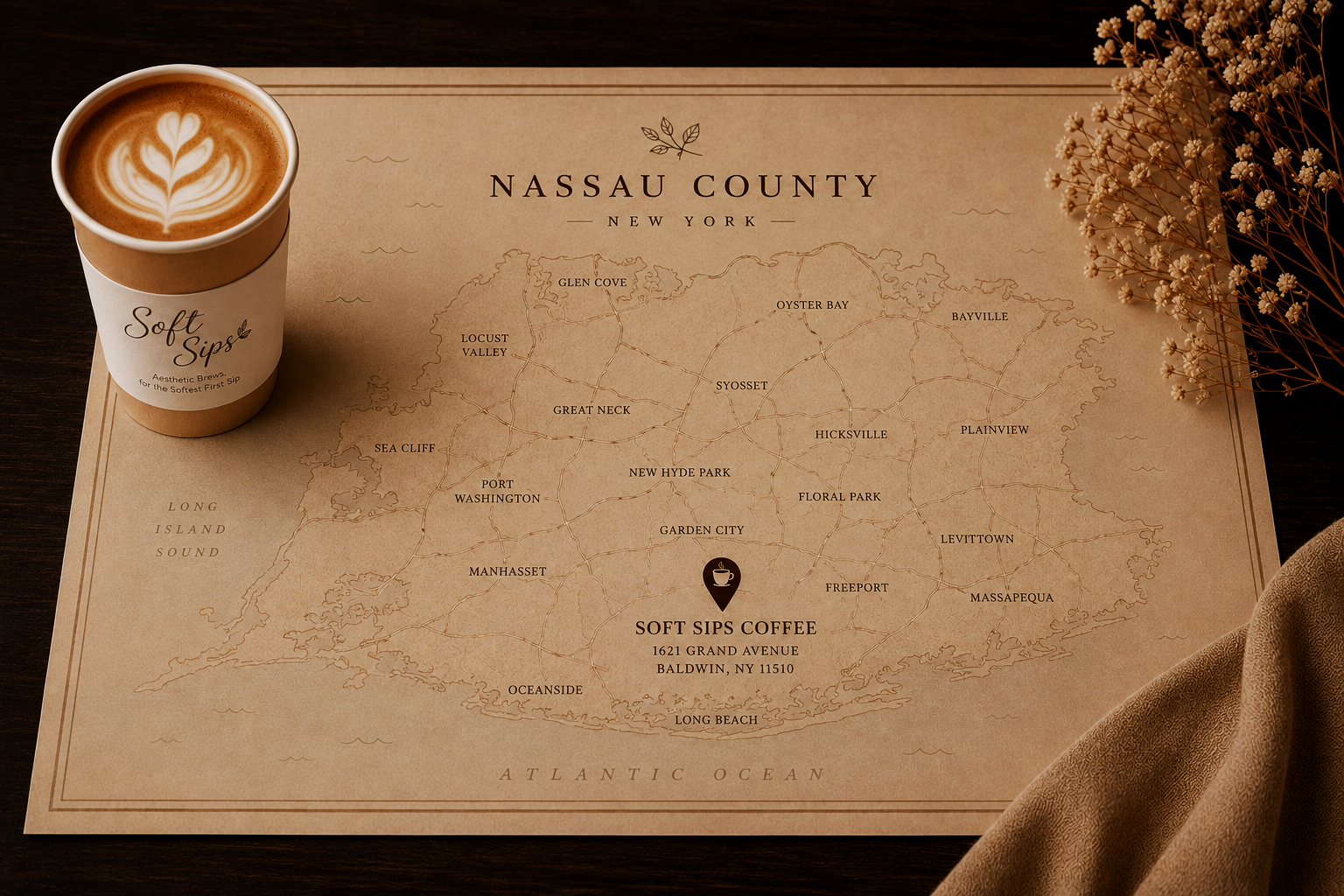 A coffee cup labeled 'Soft Sips' on a map of Nassau County, New York, with a floral arrangement on the side.