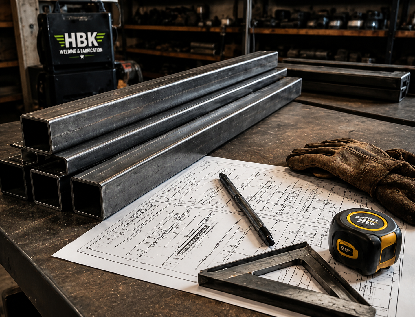 Custom metal fabrication planning and blueprint design at HBK Welding & Fabrication in Stafford, Kansas.